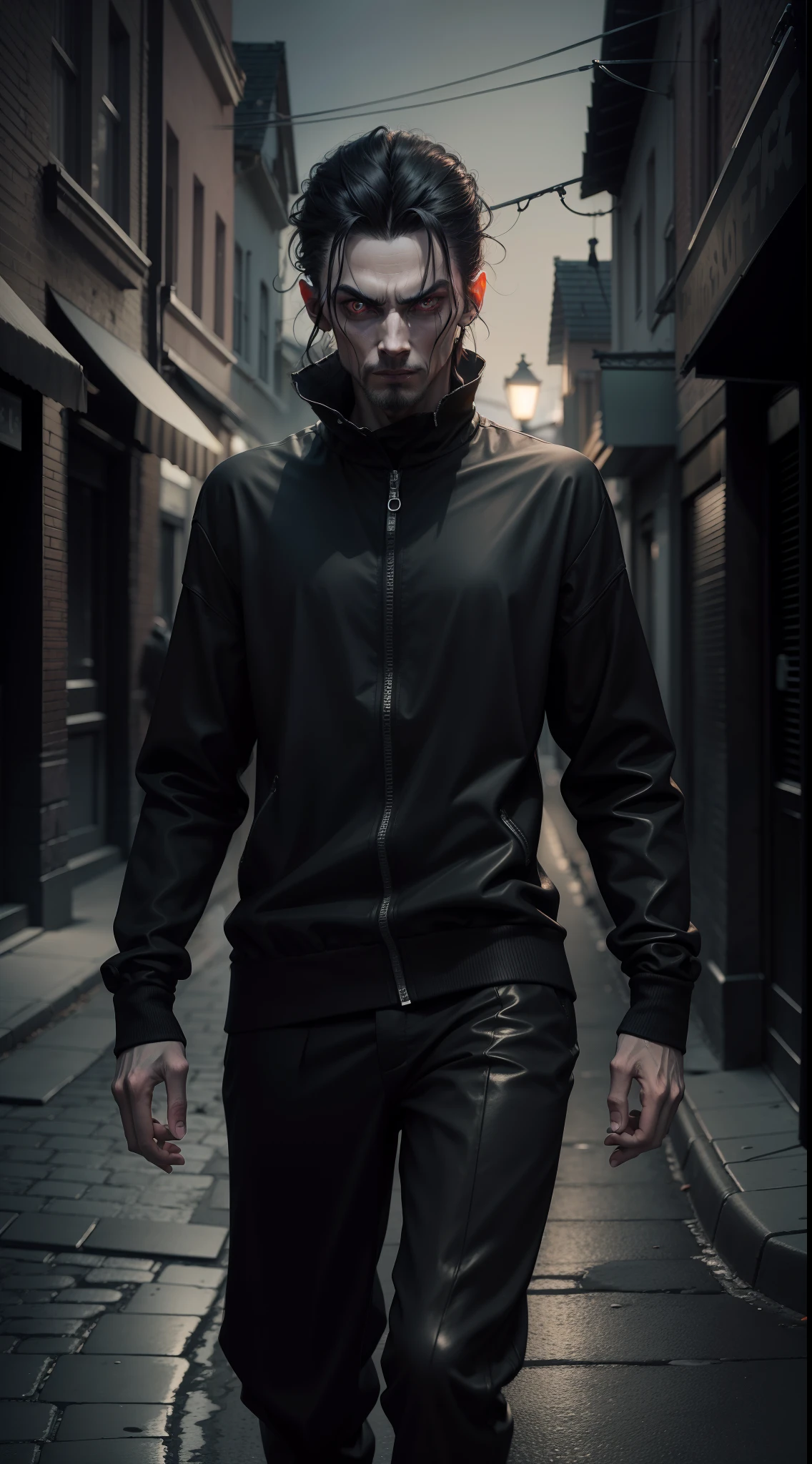 ultra realistic 8k image of a thin man, dressed in all black clothes, eyes all black possessed by a demon, in a dark street at night