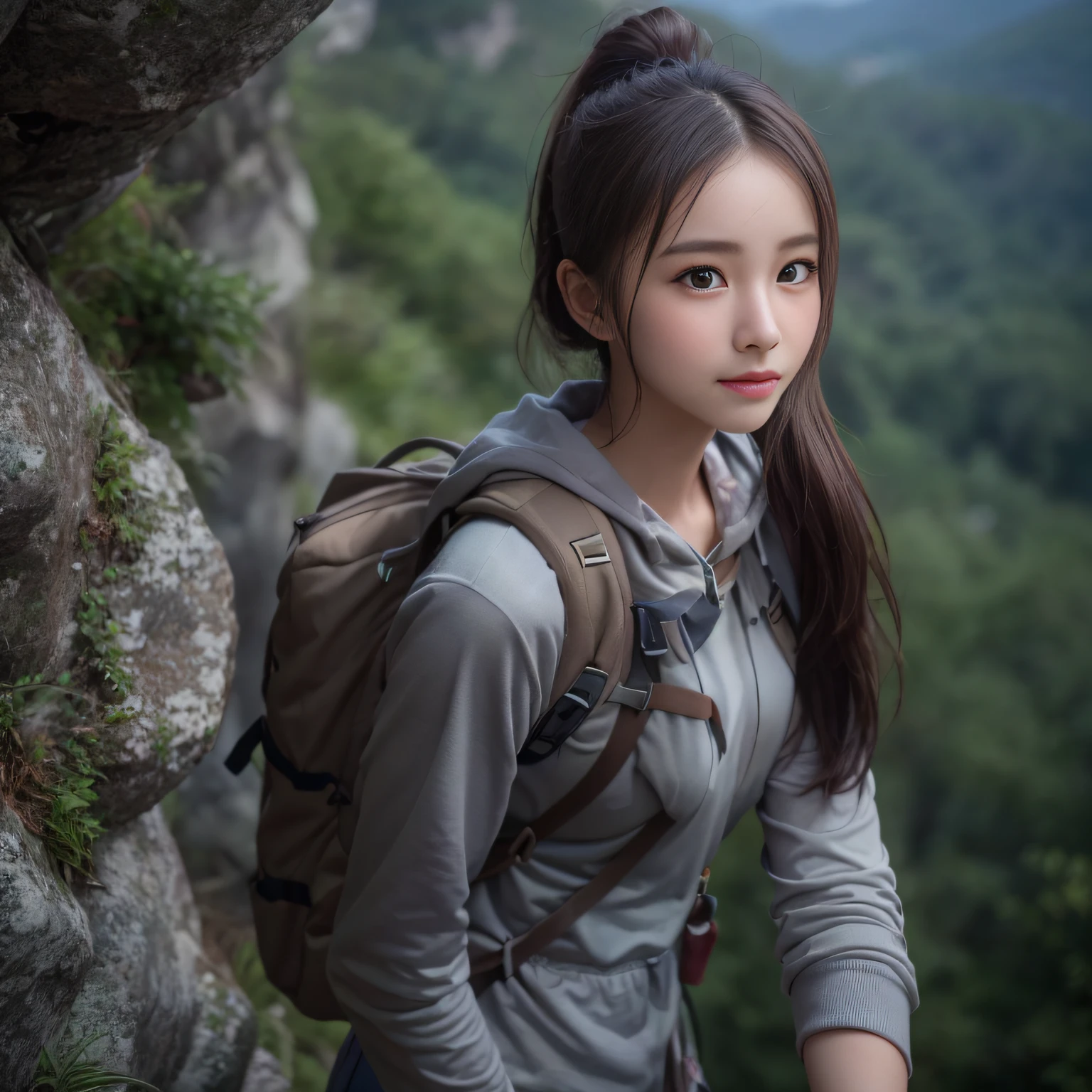 Naturescape photography; mountain climbing; (1girl:1.3), (upper_body), (slender body), (High-ponytail), (dark-brown hair), (asian girl, 18 years old, ultra delicate face, ultra Beautiful fece, ultra delicate eyes, ultra detailed nose, ultra detailed mouth, ultra detailed facial features), (face is shiny:0.8), light smile