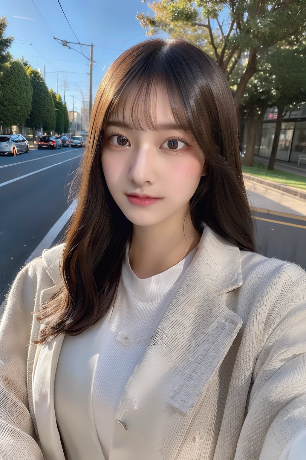 ((top-quality,8K,ultradetailed eyes,Ultra-detailed nose,))So that the whole body is shown,城市,on the road,high class,Dress coat,huge tit,a very cute
