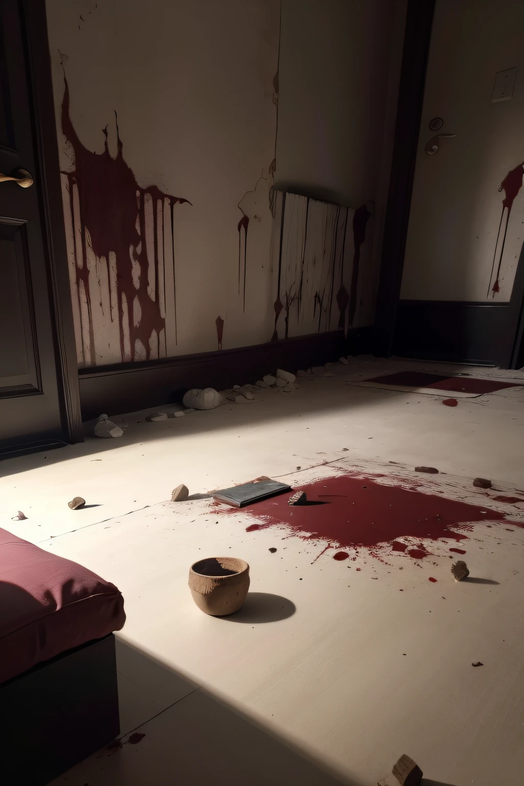 Blood is a symbol of violence, morte e dor. Um quarto de terror pode ter sangue espalhado pelas paredes, on the ground, by furniture and objects. O sangue pode ser fresco ou seco, and may have handprints, feets, scratches or injuries. Blood can indicate that someone has been murdered, torturado ou ferido no quarto, or that there is a malignant presence at the site.