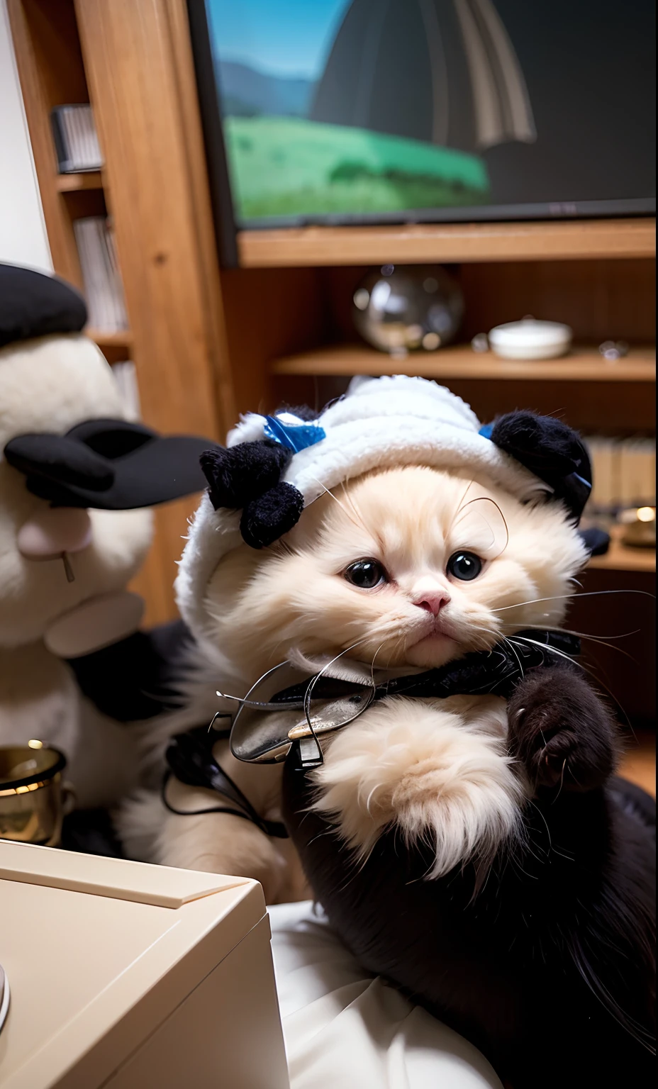 Someone was holding a cat wearing a panda hat in the living room, smol fluffy cat wearing smol hat, Cute cat, it's wearing a cute little hat, His eyes were as clear as sapphires