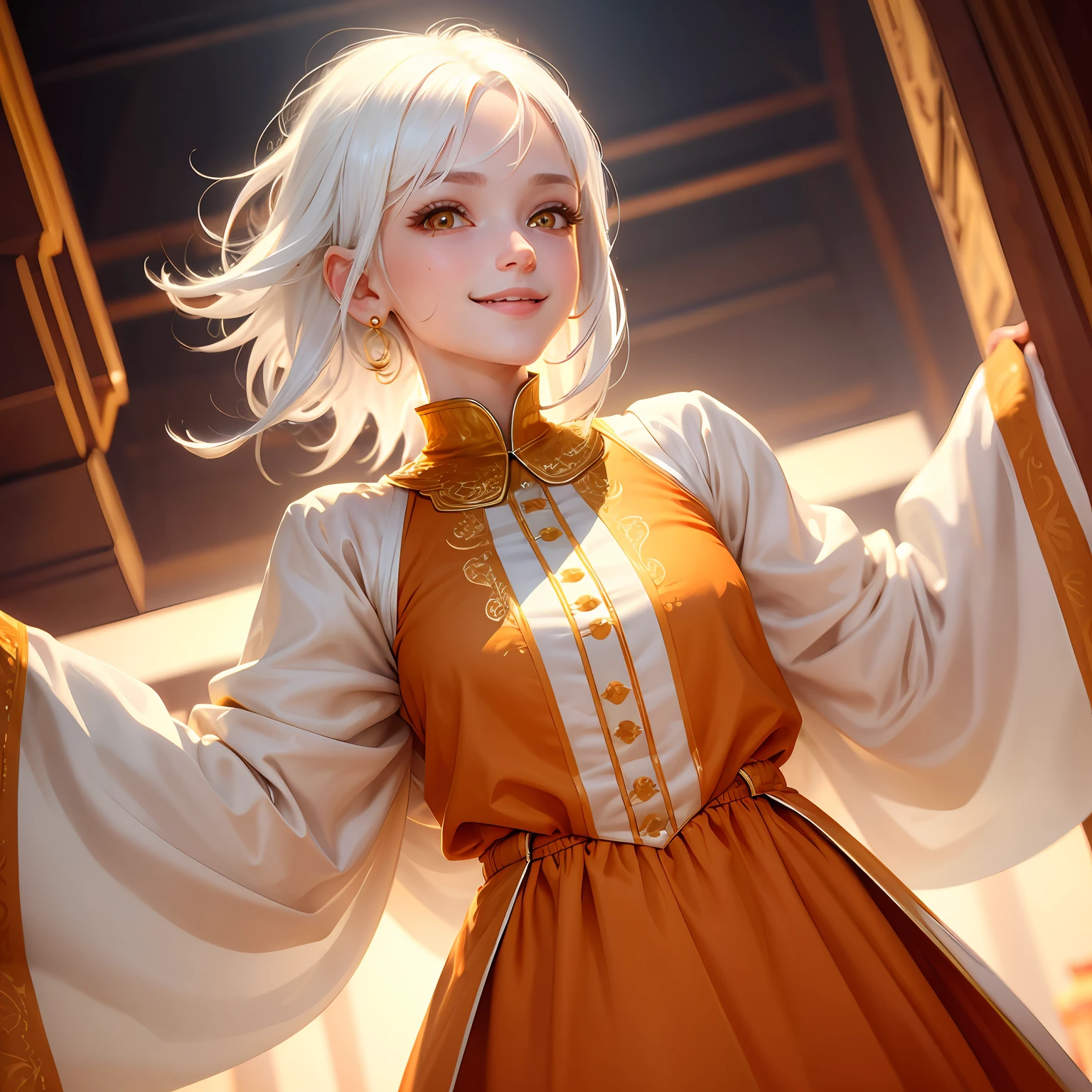 best quality, white hair, gold eyes, orange clothes, looking up, upper body, hair strand, Fair skin, smiling