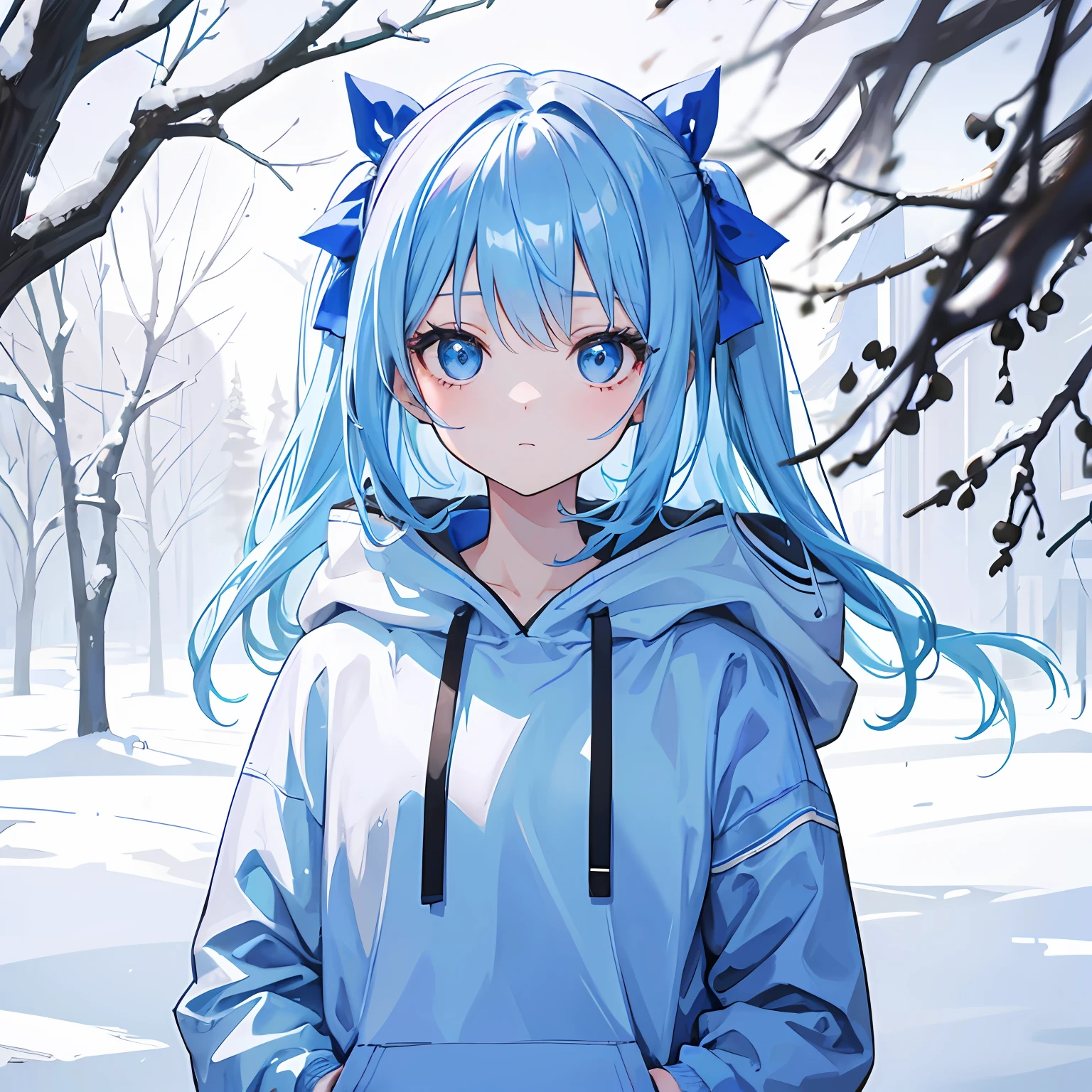 1girl,light blue hair,blue eyes,hair ribbon,blue hoodie,winter,looking at viewer