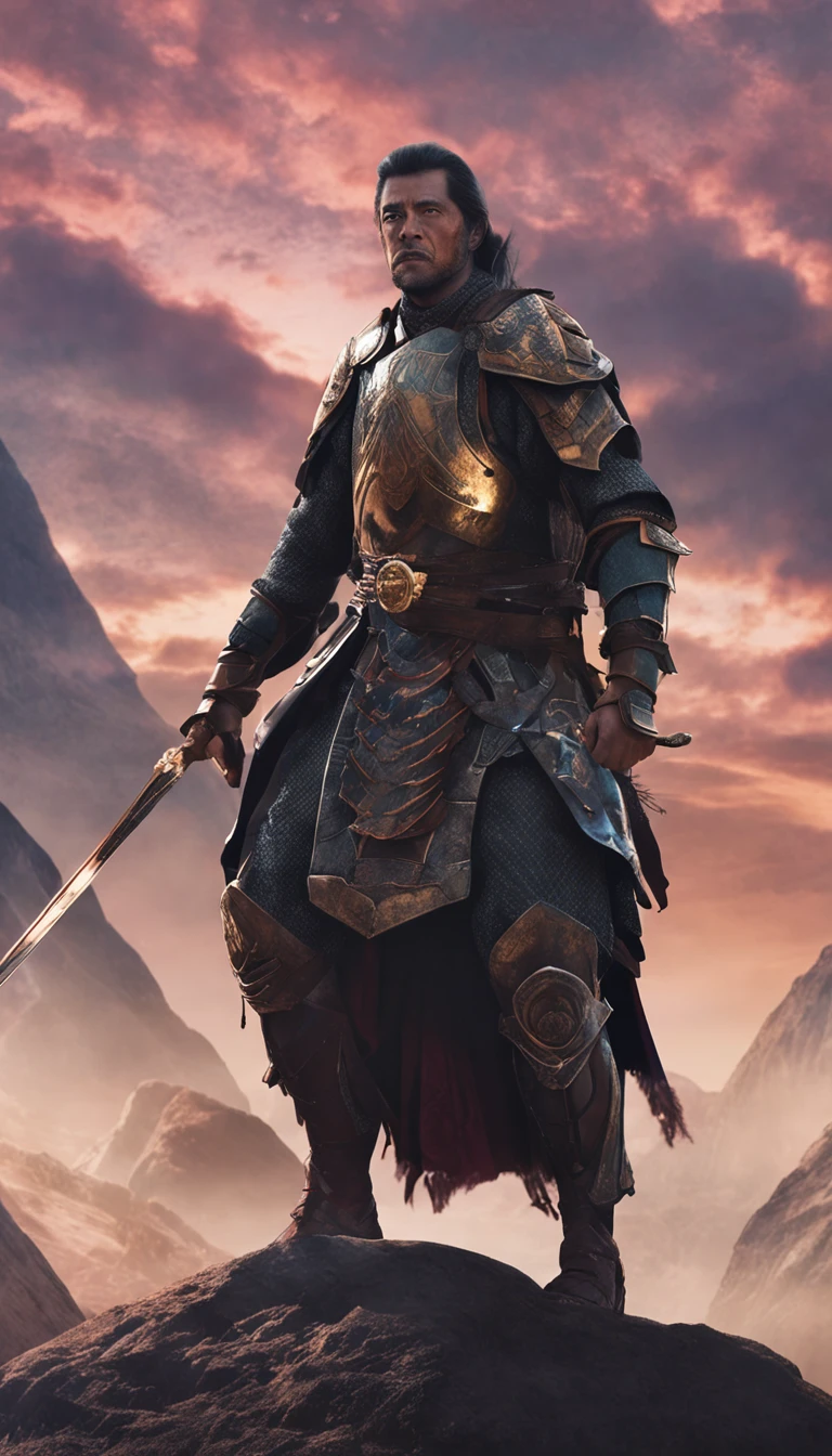 in a panoramic view，magic realism， anime big breast，Masterpiece, hyper HD, Super detail, High details, Best quality, A high resolution, A high resolution, Award-Awarded, Award-Awarded, Anatomically correct, 8K，），（Portrait of a noble knight：1.5，dignified），（A man on horseback，Sword in hand, poster art inspired by Kanō Hōgai, trending on pixabay, Renaissance, Solomon Kane, As Solomon Kane, the third horseman, samurai movie poster, Wuxia, horse warrior, Tim BradStreet, vampire hunter d, Horseman of Apocalypse, genghis khan, arabian samurai）
