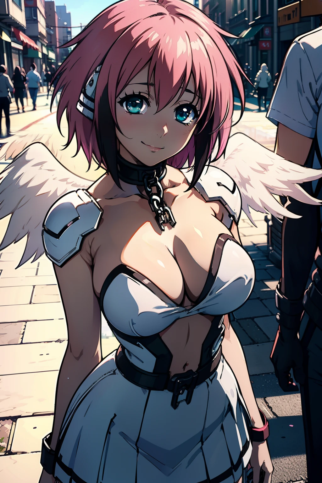 (masterpiece, best quality, ultra-detailed), 1girl, Ikaros, pink hair, esmerald eyes, collar, white armor, white and black skirt, looking at viewer, in the city, standing, smiling expression