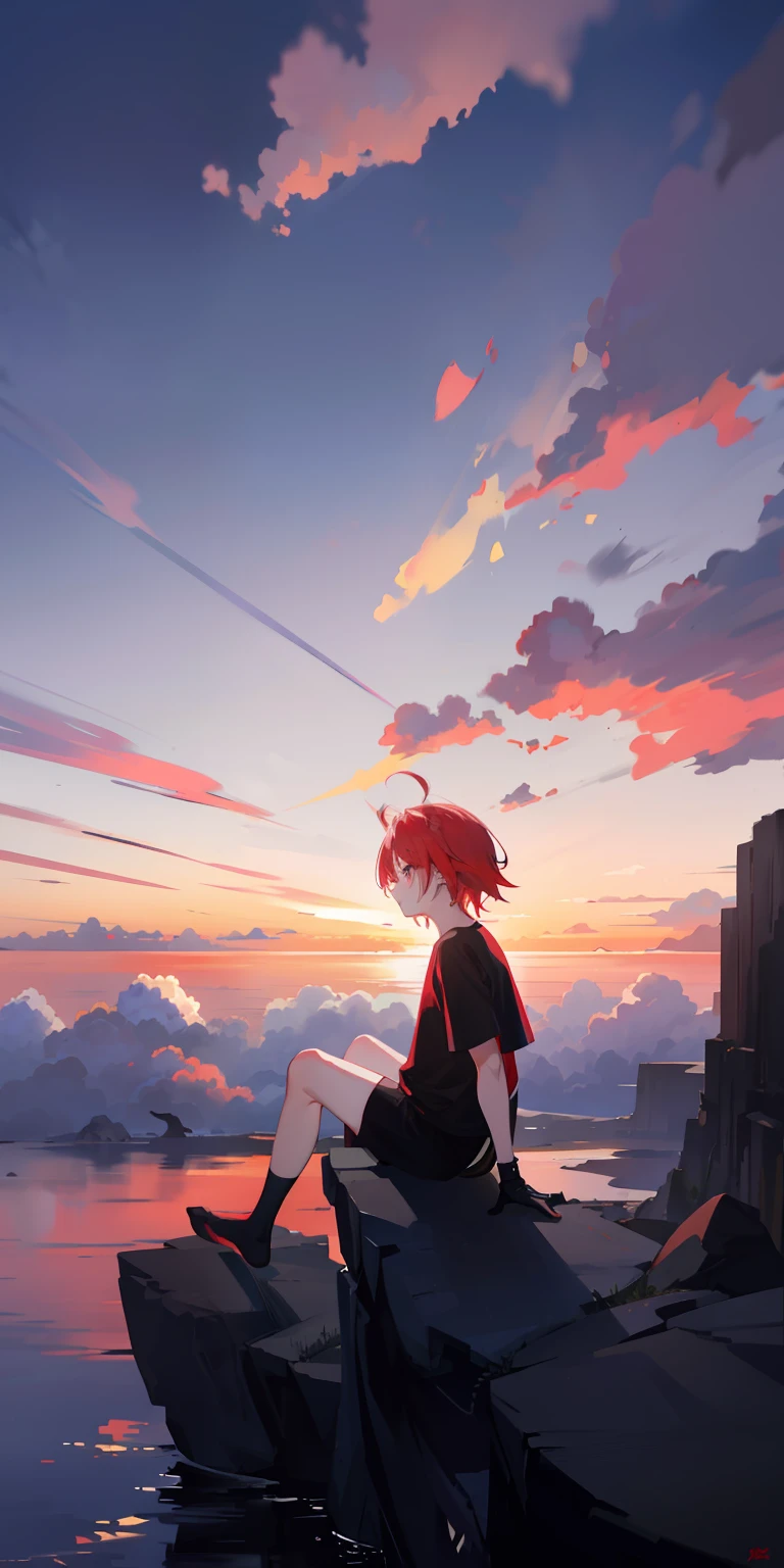 (A turtle)、red fox、sitting on the stone、(Shota)、Red and white hair、Very good figure、Handsome、adolable、Light:Extreme light and shadow、Reflective skin、Reddish skin、Black short-sleeved T-shirt、Wear black knee-length socks、Wear black fingerless gloves、Black shorts、Under the pink sunset、Outdoor sunset、Purple clouds