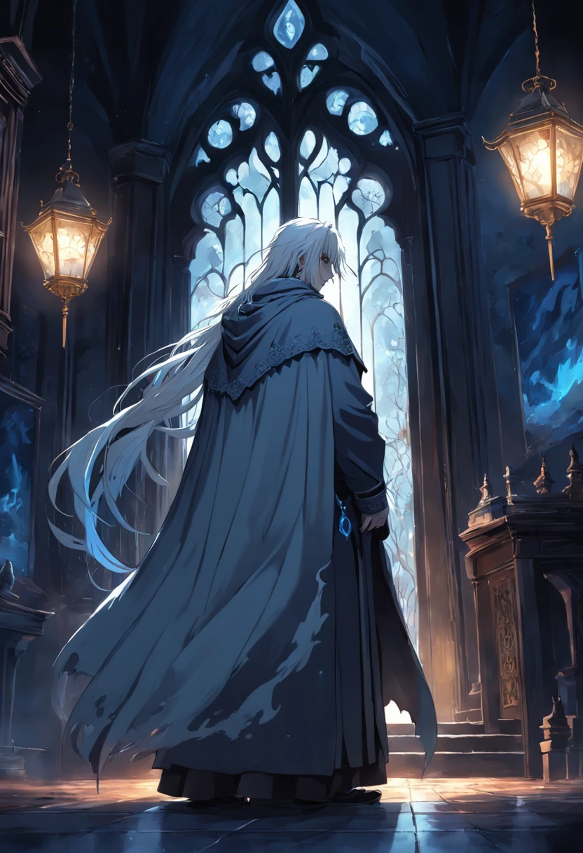 darkly, The old Victorian house stands alone in the moonlight,The color is bright，dark night background，Men around 12 years old，White color hair，Light blue eyes，long white robe，Castle at the back，Harry Potter style wizard，Tender，apathy