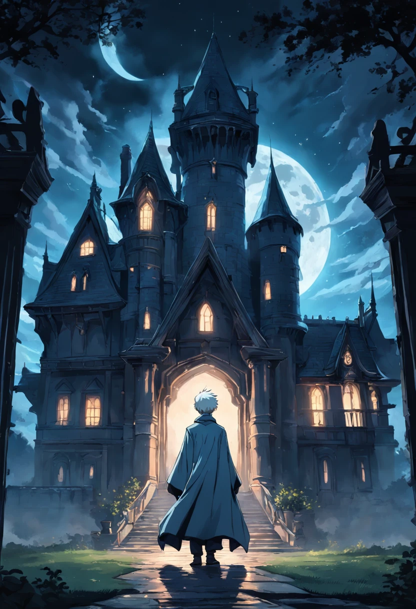 darkly, The old Victorian house stands alone in the moonlight,The color is bright,dark night background,Men around 12 years old,White color hair,Light blue eyes,long white robe,Castle at the back,Harry Potter style wizard,Tender,apathy