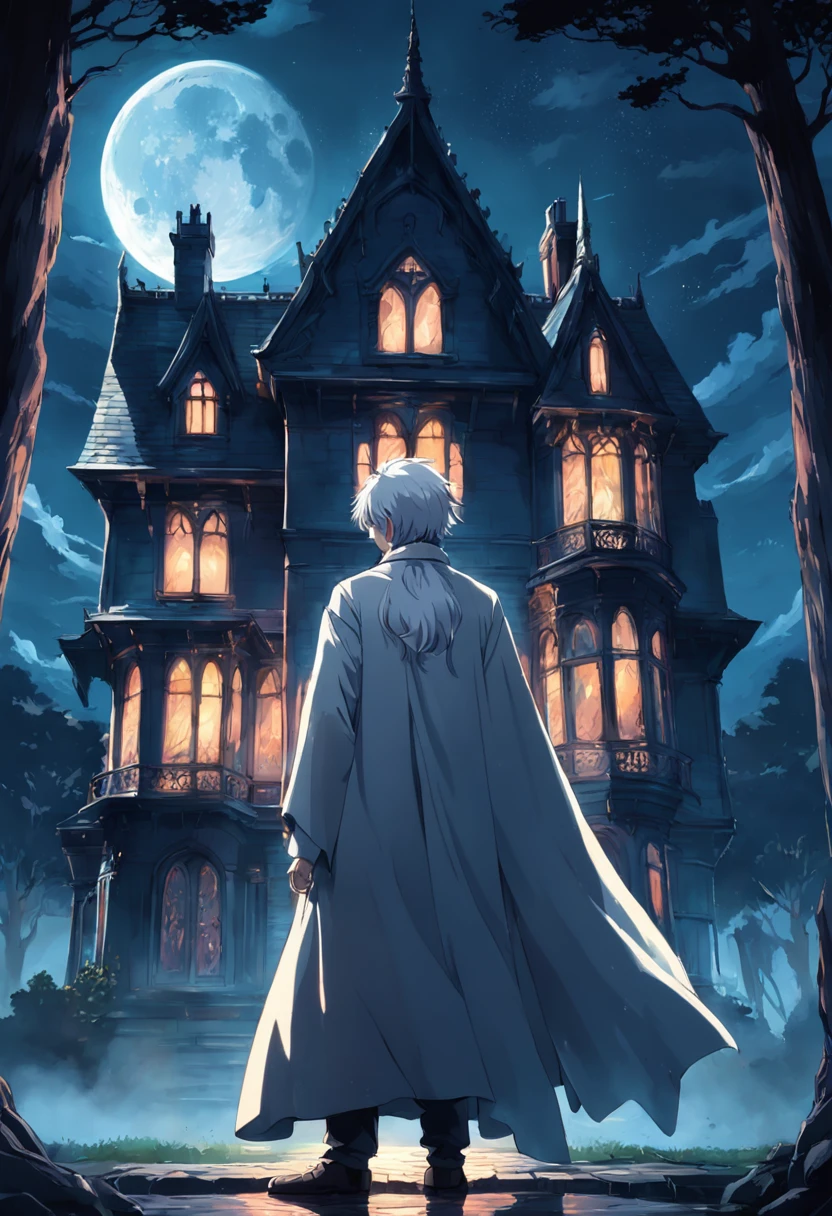 darkly, The old Victorian house stands alone in the moonlight,The color is bright，dark night background，Men around 12 years old，White color hair，Light blue eyes，long white robe，Castle at the back，Harry Potter style wizard，Tender，apathy