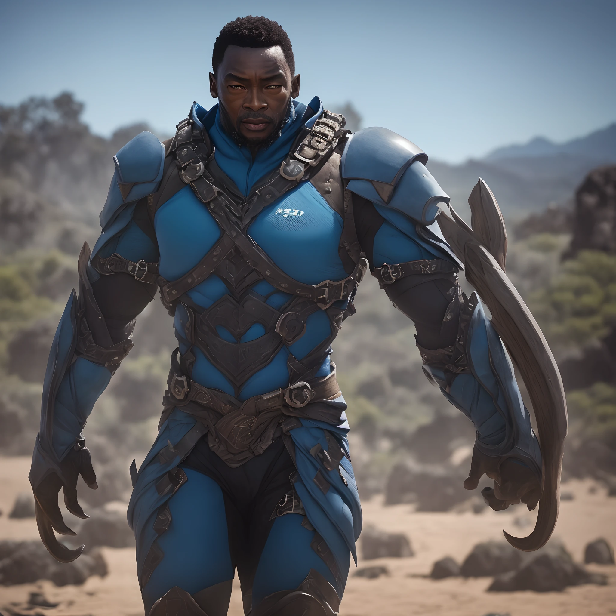 Qualidade 4k. Giant 4-armed guardian. Pele no tom azul. Corpo definido. Extreme strength. Roupa com camadas protetoras. Intimidated and serious face. Fundo suave. Pedras. Montanhas.