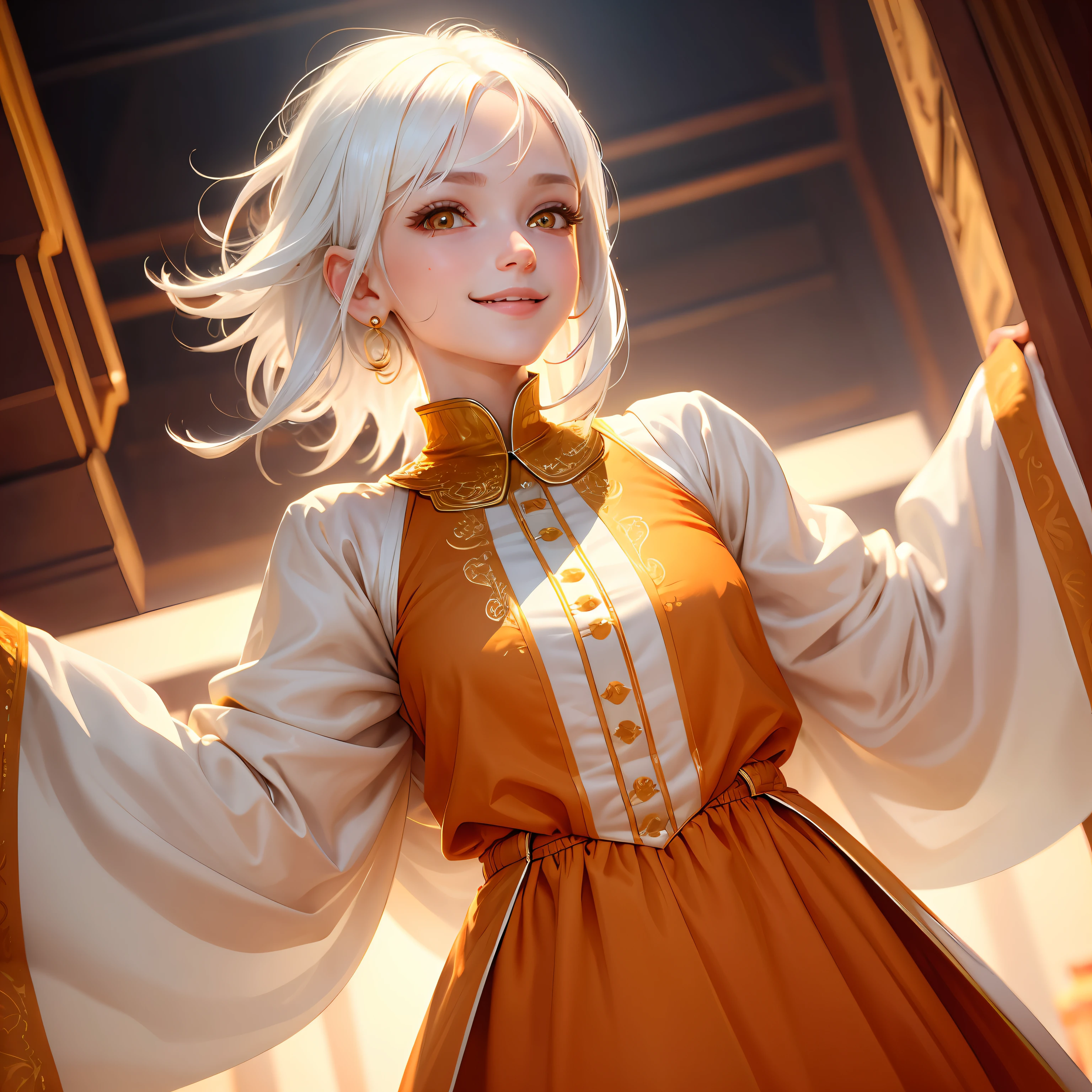 best quality, white hair, gold eyes, orange clothes, looking up, upper body, hair strand, Fair skin, smiling