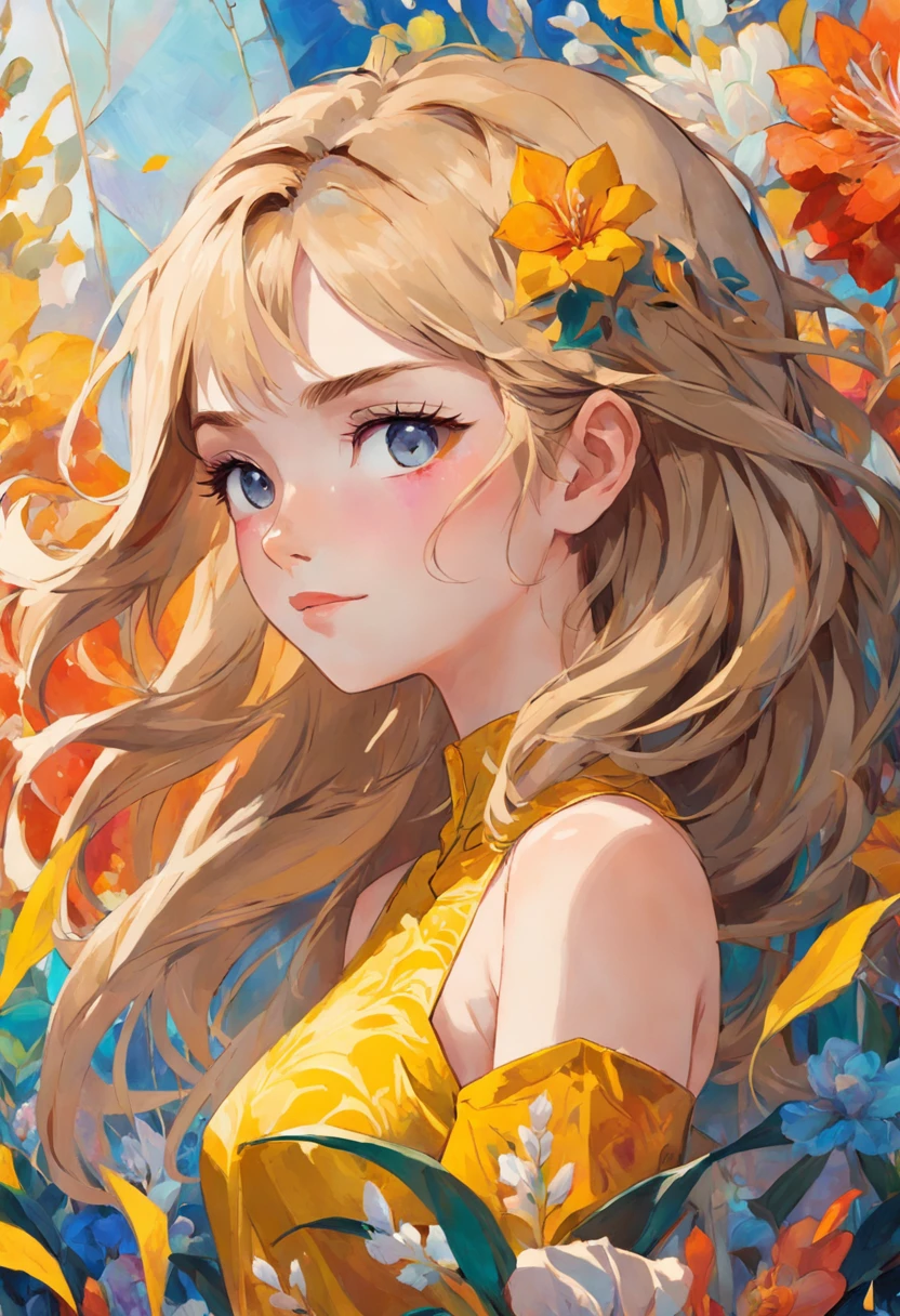 20-year-old woman, Yellow fishtail blade, Expressive eyes, Smirk, makeup, Eyelashes, Nose, Neck, Beautiful full shoulder, Against the background of huge bright flowers, (mosaic:1.2), (venetian glass:1.7), (Illustration, Painting, Oil, gouache, USA:0.5), Amy Earls' style