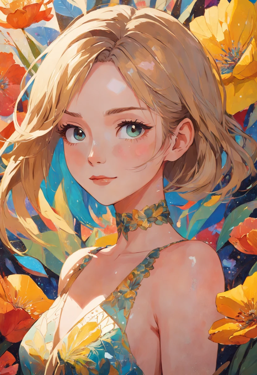 20-year-old woman, Yellow fishtail blade, Expressive eyes, Smirk, makeup, Eyelashes, Nose, Neck, Beautiful full shoulder, Against the background of huge bright flowers, (mosaic:1.2), (venetian glass:1.7), (Illustration, Painting, Oil, gouache, USA:0.5), Amy Earls' style
