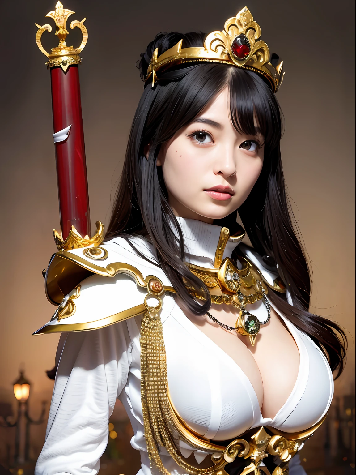 (masutepiece), Professional , ​masterpiece、top-quality、photos realistic , depth of fields （Gemstone Silver Metal Body:1.９),(Matte White、Jewel Gold Weapon（Jewel Metal Body:1.４),Gorgeous metal weapons , Detailed Sword of the Brave , Beautiful knife   ,warhammer 40k , adepta sororitas,Detail and ornate jewel crown、Black hair、Gangle's forest background、Beautiful Caucasian beauty、１a person、dynamic ungle,(((Detailed and ornate diamond crown)))、Smaller head、A smile、Background inside the castle、Thin and beautiful female hands、cleavage of the breast、Soldier in iron armor on background、Soldier in iron armor on background、Mystical expression、Light Effects、