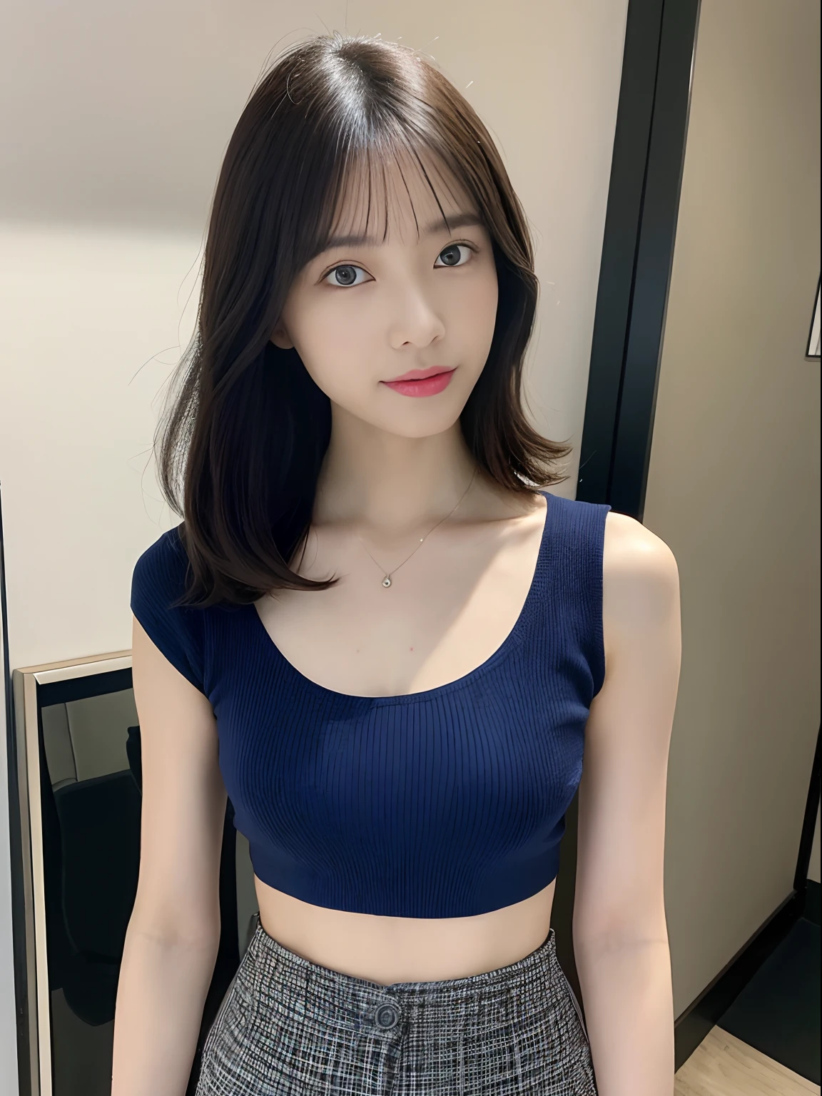 Skinny Japanese woman, Dressed, small head, cute face, detailed face, detailed eyes, (photographrealistic:1.4), (Hyper realistic:1.4), (Realistic:1.3), (Smoother lighting:1.05), (increase cinematic lighting quality:0.9), 32K, 1girl in, 30-years old, Realistic lighting, Backlighting, Light on Face, raytrace, (Brightening light:1.2), (Increase quality:1.4), (Top quality real texture skins:1.4), Black underwear, a necklace, Very thin waist, slender legs, (Increase body line mood:1.1), (Increase the beauty of skin texture:1.1)