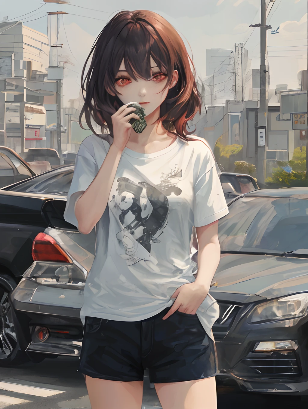 girle smoking at black car,anime,red eyes,what hair,short,t-shirt