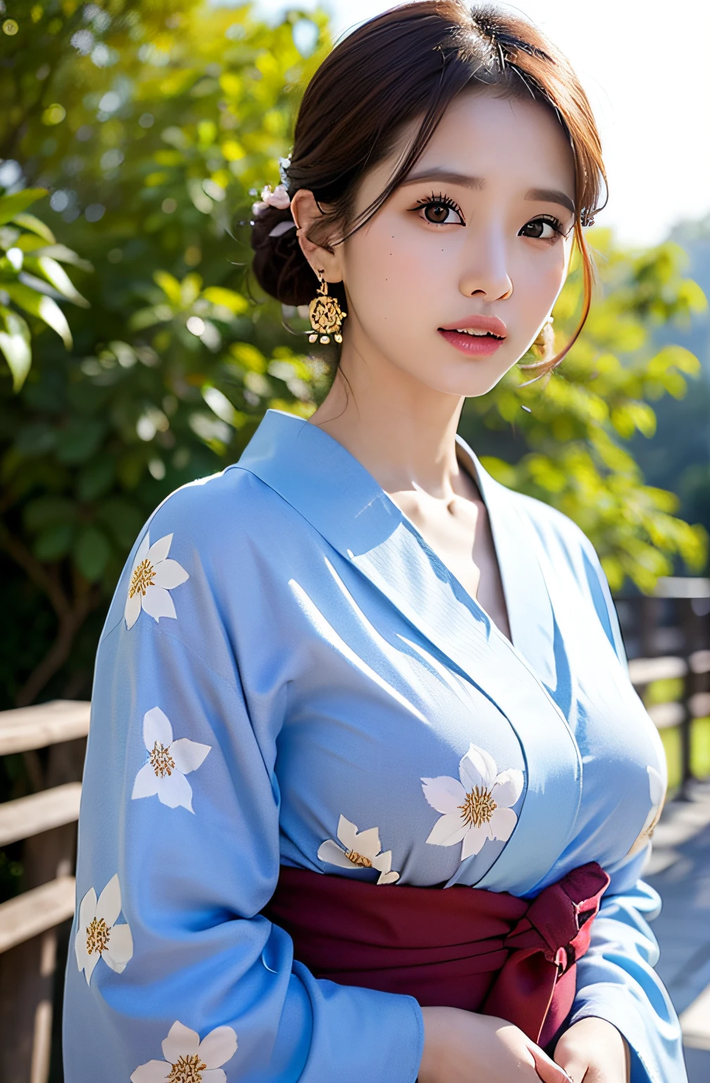 1 rapariga， bare_tree， brown_eyes， brown_hair， build， Manteau， cross_earrings， 耳Nipple Ring， Large yukata，Blue floral pattern yukata, jewely， cparted lips， Shorthair， looking_at_viewer， exteriors， yuki， yuki， yuki， 独奏， The tree， upper_body， Winters， winter_clothes， detailed_eyes，nedium breasts、Colossal tits、， Bring your arms together， Chest camera， The large， Ears come out， face in golden proportions， The body of the golden ratio， best qualtiy，hyper HD，By bangs