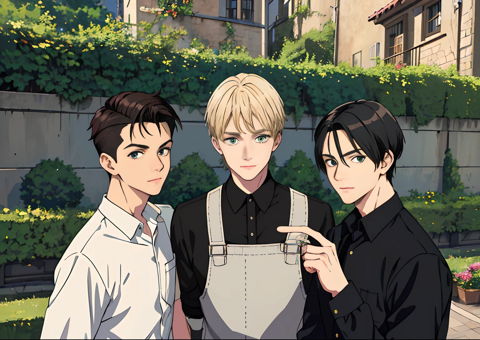 (absurdres, highres, ultra detailed), masterpiece, best quality, 3 man, handsome, black hair, brown hair, casual clothes, background is back alley, best light and shadow, trio friends, 1 black hair man ((sleek hair)), 1 brown hair man ((undercut hair)), 1 blond man ((stylish hair)), tall handsome man, hogwarts vibe, 3 friends, trio friends pose, charming men, (absurdres, highres, ultra detailed, HDR), masterpiece, best quality, anime, Anime cool ((Tall boy)) green eyes, 3rd boy blond hair ((Tall boy)) ((blond hair)) , 3 boys, smile, sunshine, garden, handsome, short hair, looking at viewer, detailed face, ( black shirt ),(red shirt) cool boys, cold male, 8K, Best Quality, Masterpiece, Ultra High Resolution, (Realism: 1.4), Original Photo, (Realistic Skin Texture: 1.3), (Film Grain: 1.3), (Selfie Angle), best friend,Friendship, Trio friends, tall boys, black hair, brown hair,blonde hair.