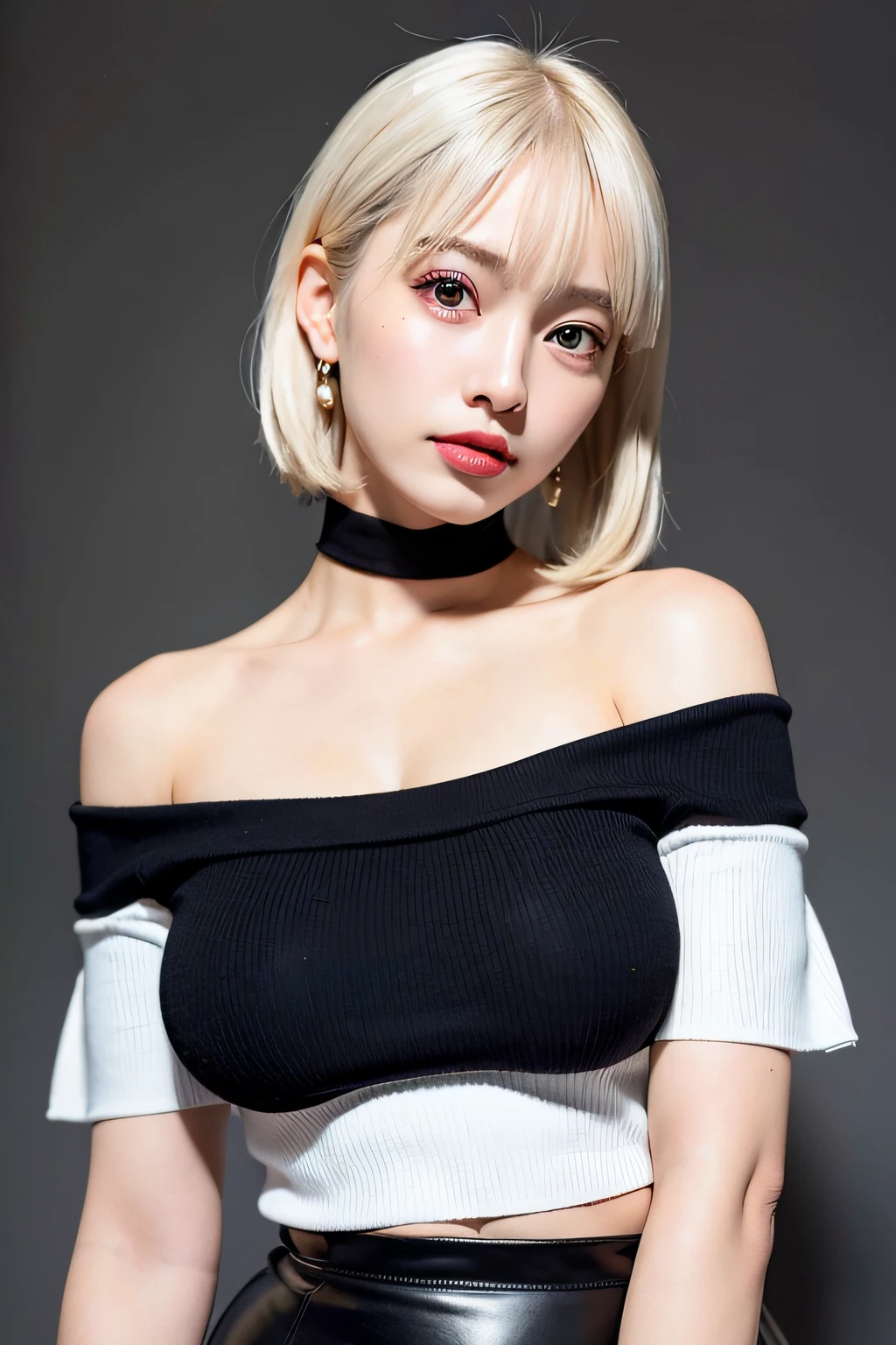 best quality, ultra high res, (photorealistic:1.4), 1girl, off-shoulder white shirt, black tight skirt, black choker, (faded ash gray hair:1), (huge breasts:1.2), looking at viewer, closeup ,