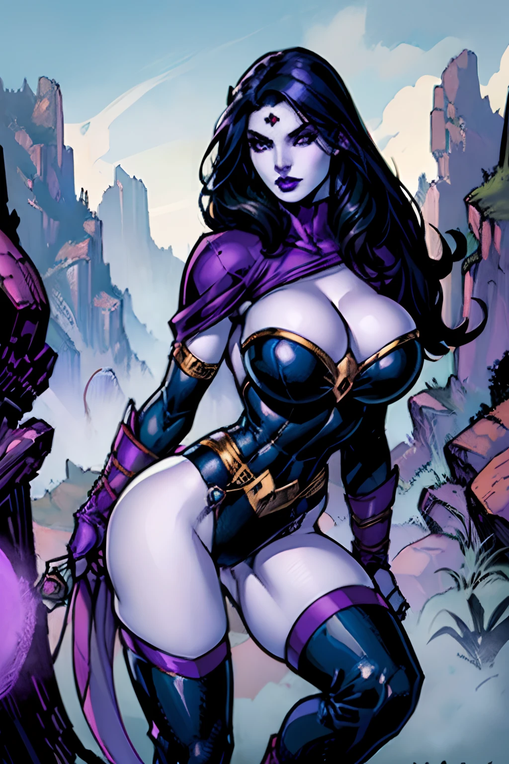(masterpiece, top quality, best quality, official art, beautiful and aesthetic:1.2), (1girl:1.3), ((long black hair)), (((pale purple skin, pale blue skin, blue skin, purple skin))), extremely detailed, portrait, looking at viewer, solo, (full body:0.6), detailed background, close up, (cold night mountain theme:1.1), dark elf war dancer, charlatan, smirk, mysterious, swaying in mountains, skimpy attire, revealing gladiatrix costume, gold bikini, cowl, metal bikini, long boots, dual knives, violet fabric, black leather, ((gigantic , cleavagentation)), slim waist, slim hips, long legs, medieval (mountain exterior:1.1) background, dark mysterious lighting, shadows, magical atmosphere, dutch angle, (comics)