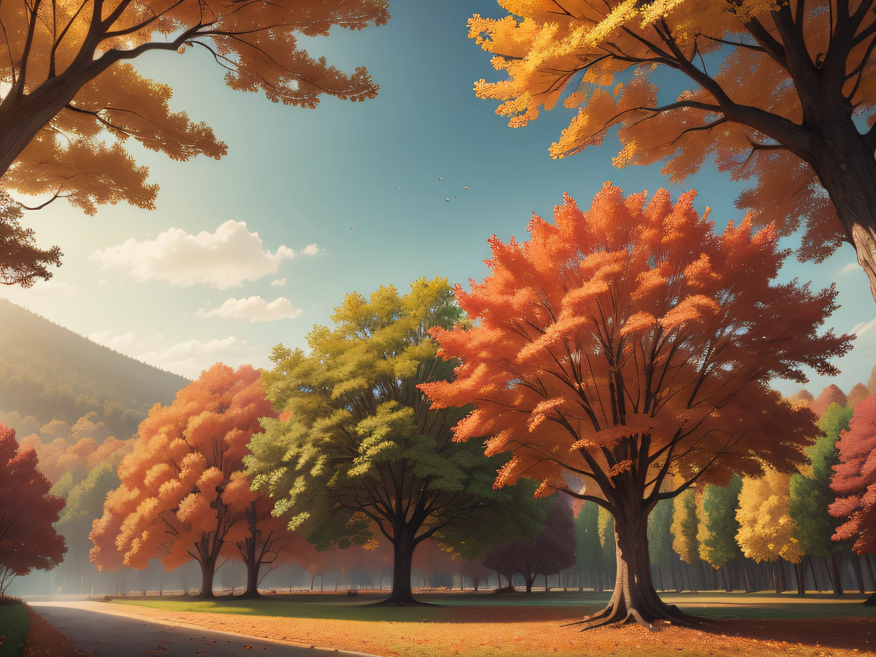 A vibrant autumn landscape, with leaves of every hue, branches laden with ripe fruits, and a majestic tree in the center.