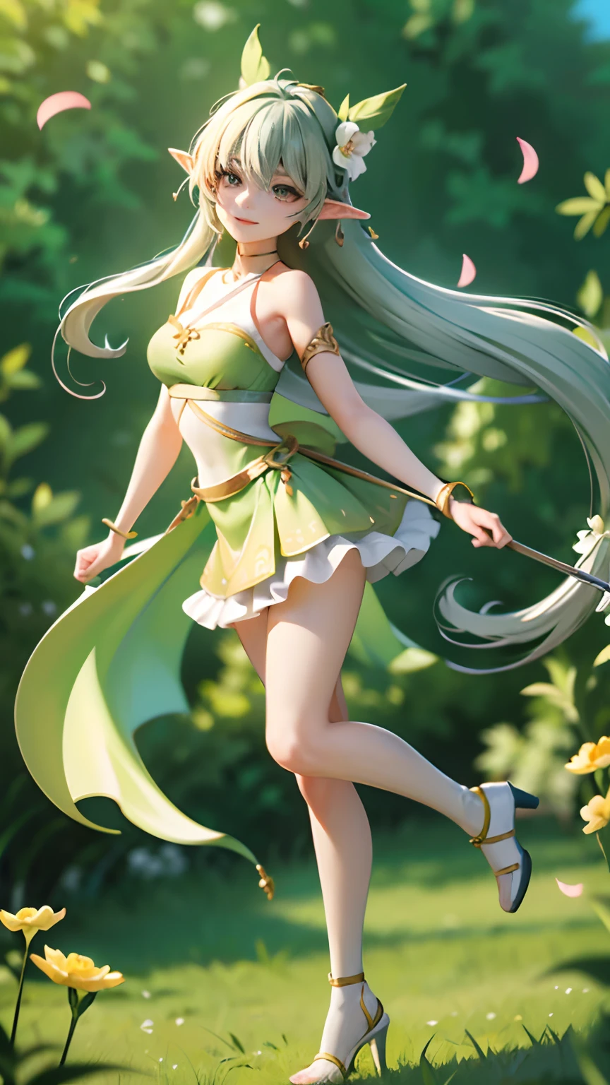 A woman who bent her bow and shot arrows, grey long hair, ((((Head back, chest, standing on one leg, The other leg is bent)))), Wearing a green dress, The bandeau is shaped like a green leaf, Short skirt with flower petals, jungle backdrop, depth of fields, ultra-wide-angle, full body shot shot, Breast size is moderate, Elf short bow, The arrow points to the lens, self-assured, courageous and resolute, Mask smiles, Play with expressions（realisticlying）, hyper HD, Masterpiece, ccurate, Anatomically correct, Textured skin, Super detail, High quality, High details, Best quality, A high resolution, 4K