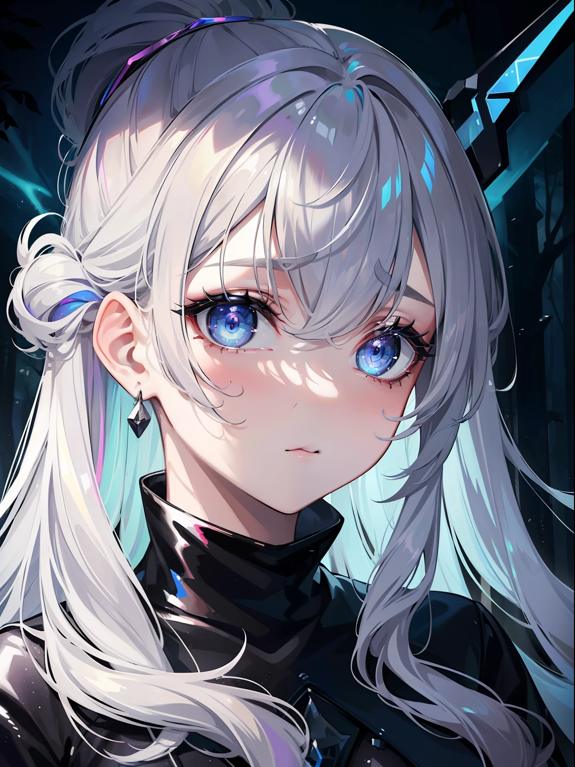 (Masterpiece, Best Quality, Ultra High Resolution), 1girl,grey hair,unicorn girl,unicorn horn,in a magical forest,neon theme,grey theme,beautiful and detailed face,detailed eyes