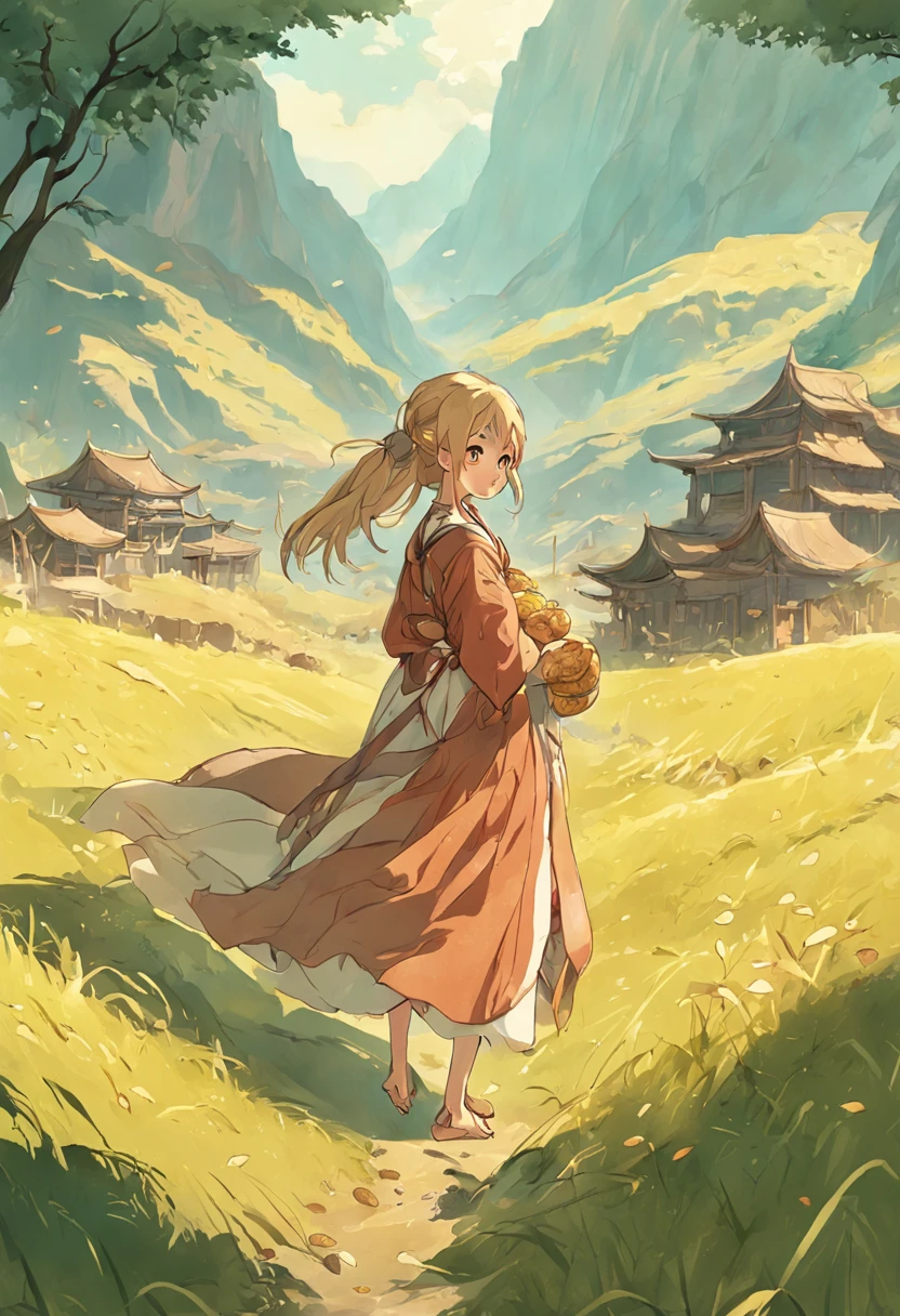 Grassland at the foot of the Tianshan Mountains in Xinjiang,There are Xinjiang buildings next to it,Beautiful woman in Xinjiang costume holding walnuts、Almonds、Raisins share 8K HD detail illustration style with family