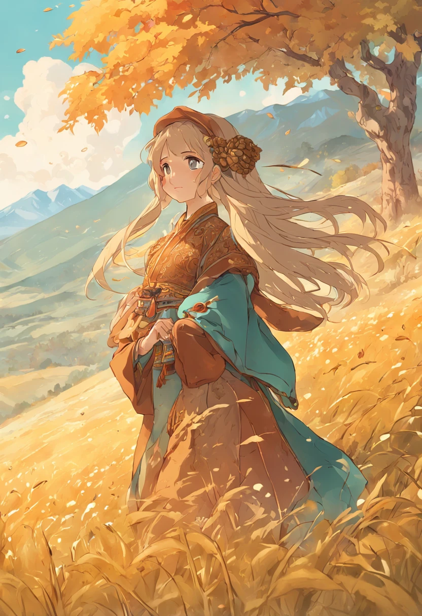 Grassland at the foot of the Tianshan Mountains in Xinjiang,There are Xinjiang buildings next to it,Beautiful woman in Xinjiang costume holding walnuts、Almonds、Raisins share 8K HD detail illustration style with family