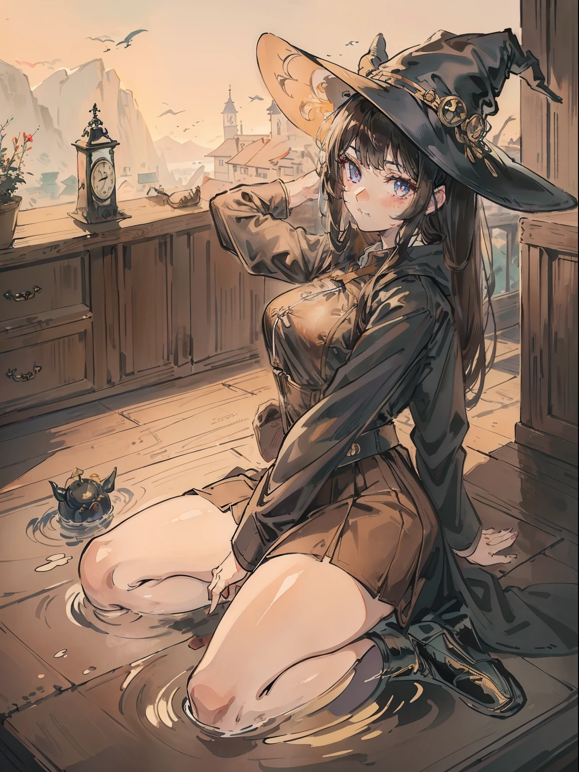 Perfect anime illustration, 2girls, Dark gray hair, Curly hair, matching hairstyle, browneyes, inquisitive,curiosity,Pleasure, ((matching outfits, Light brown transparent student uniform shirt,Uniform skirt,Dark brown detective style coat,Leather booties)), matching hairstyle, Fantastic stylistic foundation,A dragon hovered behind the girl,Cross legs,(Where one leg is folded over the other),Lady,Dark blue pantyhose, A high resolution, full bodyesbian, Pose,Raised sexy,sexyposture (((tmasterpiece),(Very detailed CG unity 8K wallpaper),best qualtiy,,独奏,1girll,cinmatic lighting,detailed back ground,beatiful detailed eyes,Bright pupils,(Very fine and beautiful),(Beautiful and detailed eye description),ultra - detailed,tmasterpiece,)),witch,Witch hat,Dragon's horn,mmorpg,nipple play,Game panel,Game perspective,watery,Lace pattern,cleanness,Raised sexy,camel-toe,Wet, Bright colors,The witch's hat has a dragon pattern,The shirt is transparent,Expose the bra,Sexy bra,Pantyhose wrapped around the hips,Open at the underwear,