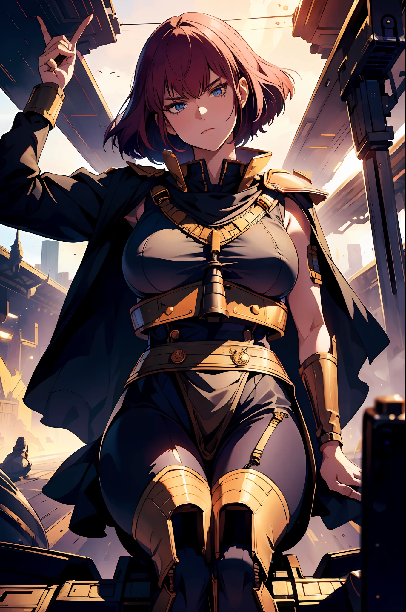 absurdres, (best quality), (masterpiece),(ultra-detailed:1.2),(photorealistic:1.2),(highres),(front:1.3),upper body,
1girl,solo,sitting,mature women,angry,Forehead wrinkles,shaded face,cape,bare shoulder,golden embroidery,elaborate ,
haman karn, (spats:1.1),
expressionless,
(cockpit:1.5),(space:1.1),universe,
dark theme,