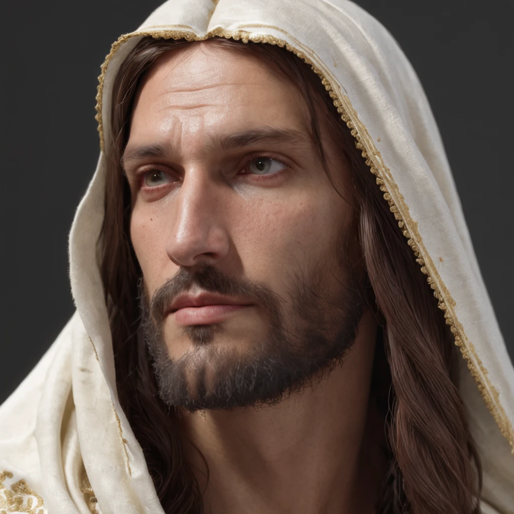 Man with long hair and hood on his head, Retrato de Jesus Cristo, Jesus Cristo, rosto de Jesus, Vestido como Jesus Cristo, jesus of nazareth, Jesus, pintura digital ultra realista, rosto masculino bonito, bonito impressionante realista, Jesus Cristo em Mass Effect, Macho bonito, homem bonito, jovem bonito, buracos em um homem religioso, Cyberpunk Jesus Cristo