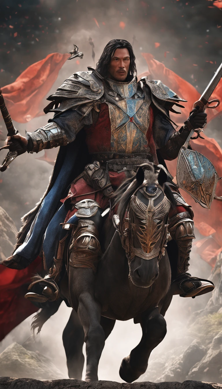 in a panoramic view,magic realism, anime big breast,Masterpiece, hyper HD, Super detail, High details, Best quality, A high resolution, A high resolution, Award-Awarded, Award-Awarded, Anatomically correct, 8K,),(Portrait of a noble knight:1.5,Dignified),(A man on horseback:1.5,Sword in hand, poster art inspired by Kanō Hōgai, trending on pixabay, Renaissance, Solomon Kane, As Solomon Kane, the third horseman, samurai movie poster, Wuxia, horse warrior, Tim BradStreet, vampire hunter d, Horseman of Apocalypse, genghis khan, arabian samurai)