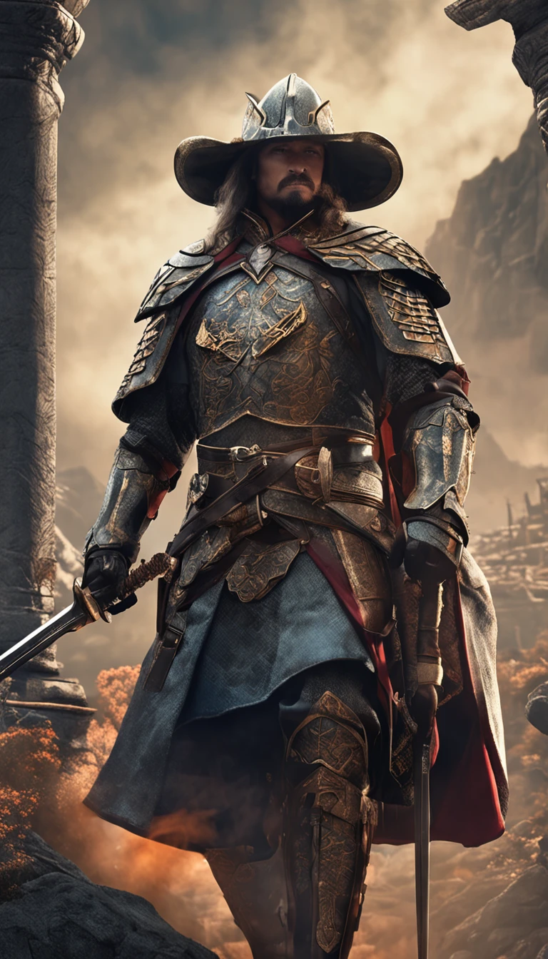 in a panoramic view，magic realism， anime big breast，Masterpiece, hyper HD, Super detail, High details, Best quality, A high resolution, A high resolution, Award-Awarded, Award-Awarded, Anatomically correct, 8K，），（Portrait of a noble knight：1.5，Dignified），（A man on horseback：1.5，Sword in hand, poster art inspired by Kanō Hōgai, trending on pixabay, Renaissance, Solomon Kane, As Solomon Kane, the third horseman, samurai movie poster, Wuxia, horse warrior, Tim BradStreet, vampire hunter d, Horseman of Apocalypse, genghis khan, arabian samurai）