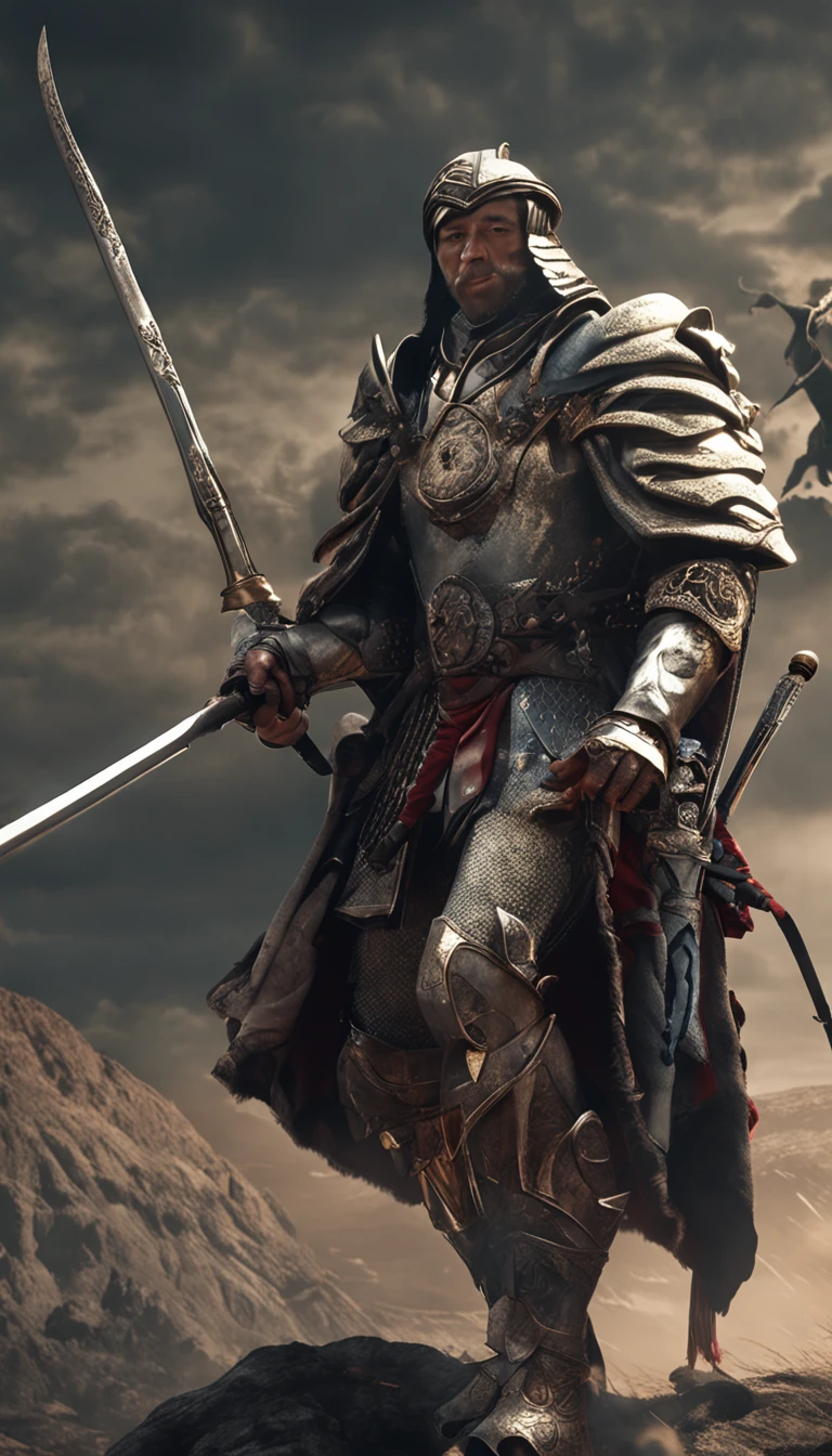 in a panoramic view,magic realism, anime big breast,Masterpiece, hyper HD, Super detail, High details, Best quality, A high resolution, A high resolution, Award-Awarded, Award-Awarded, Anatomically correct, 8K,),(Portrait of a noble knight:1.5,Dignified),(A man on horseback:1.5,Sword in hand, poster art inspired by Kanō Hōgai, trending on pixabay, Renaissance, Solomon Kane, As Solomon Kane, the third horseman, samurai movie poster, Wuxia, horse warrior, Tim BradStreet, vampire hunter d, Horseman of Apocalypse, genghis khan, arabian samurai)