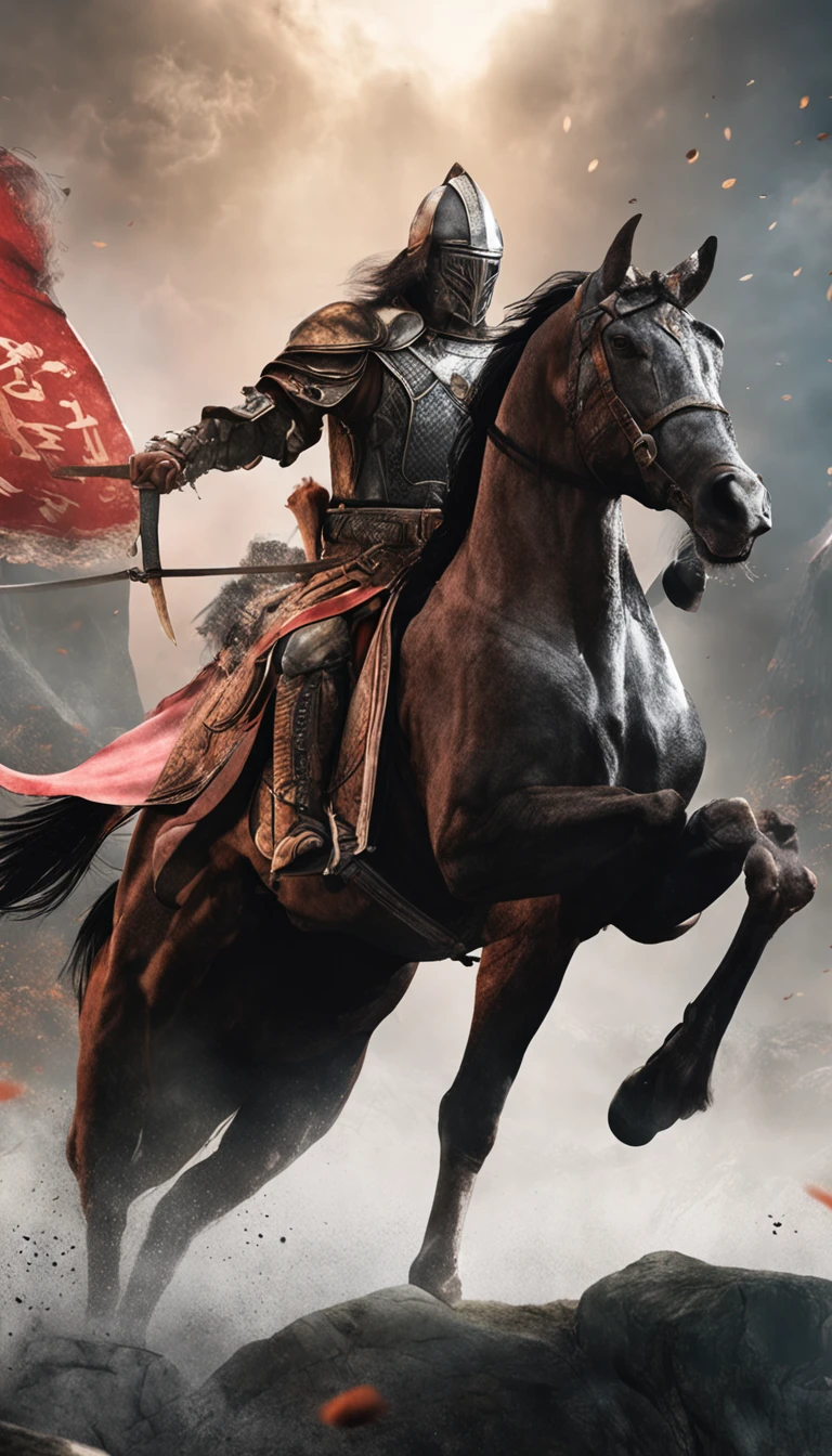 in a panoramic view，magic realism， anime big breast，Masterpiece, hyper HD, Super detail, High details, Best quality, A high resolution, A high resolution, Award-Awarded, Award-Awarded, Anatomically correct, 8K，），（Portrait of a noble knight：1.5，Dignified），（A man on horseback：1.5，Sword in hand, poster art inspired by Kanō Hōgai, trending on pixabay, Renaissance, Solomon Kane, As Solomon Kane, the third horseman, samurai movie poster, Wuxia, horse warrior, Tim BradStreet, vampire hunter d, Horseman of Apocalypse, genghis khan, arabian samurai）