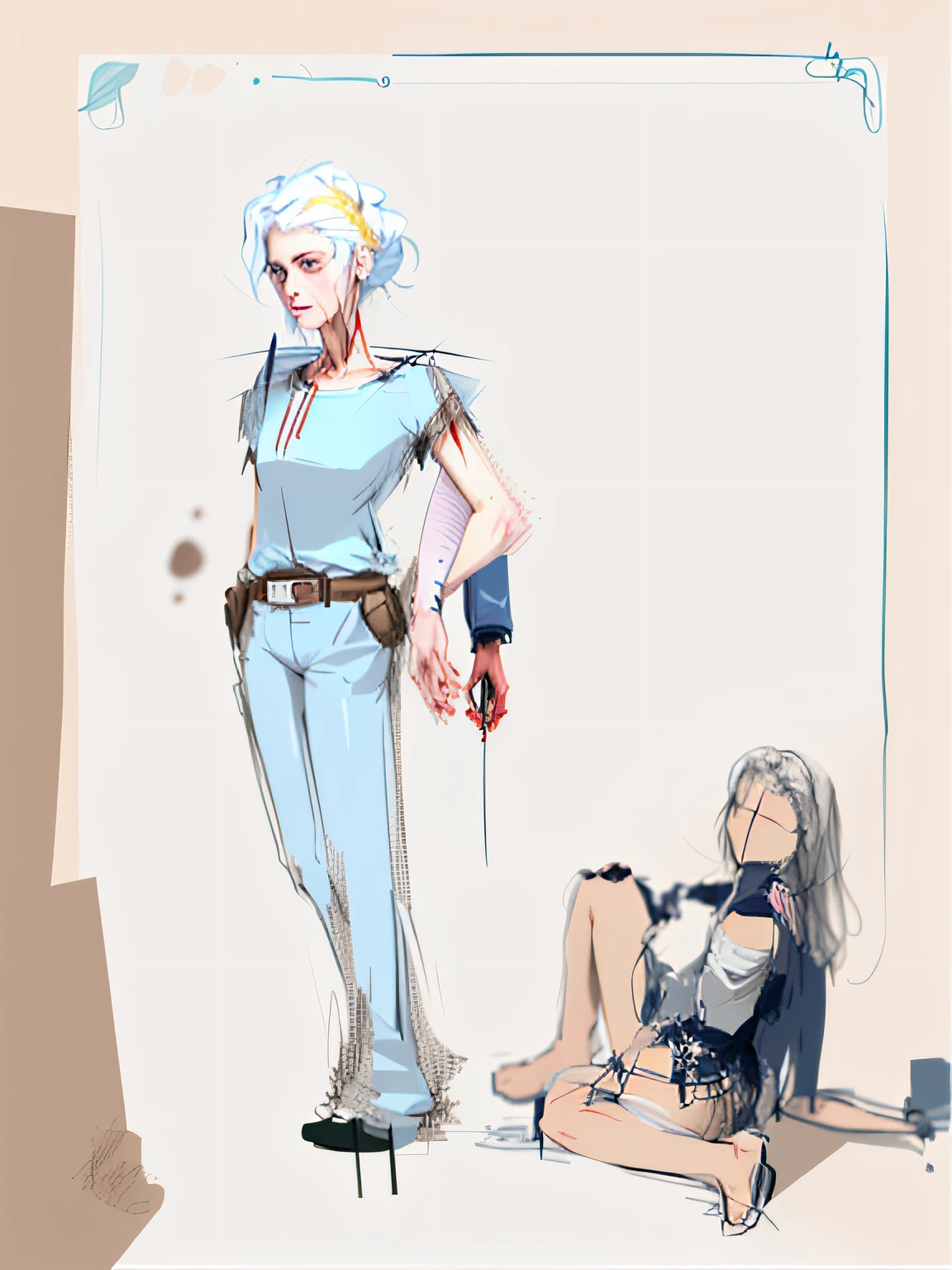 A man stands,A sketch of a woman left on the ground after being dismembered, The man has a female arm hanging from his hand,bloody scene, Yandere. Tall, Sketchy, author:Tadeusz Makowski, Bloody + concept-art, concept piece, drawn with photoshop, a sketch, dead bodies in the background, Rough sketch, unrealistic character concept,It needs to be perfected。