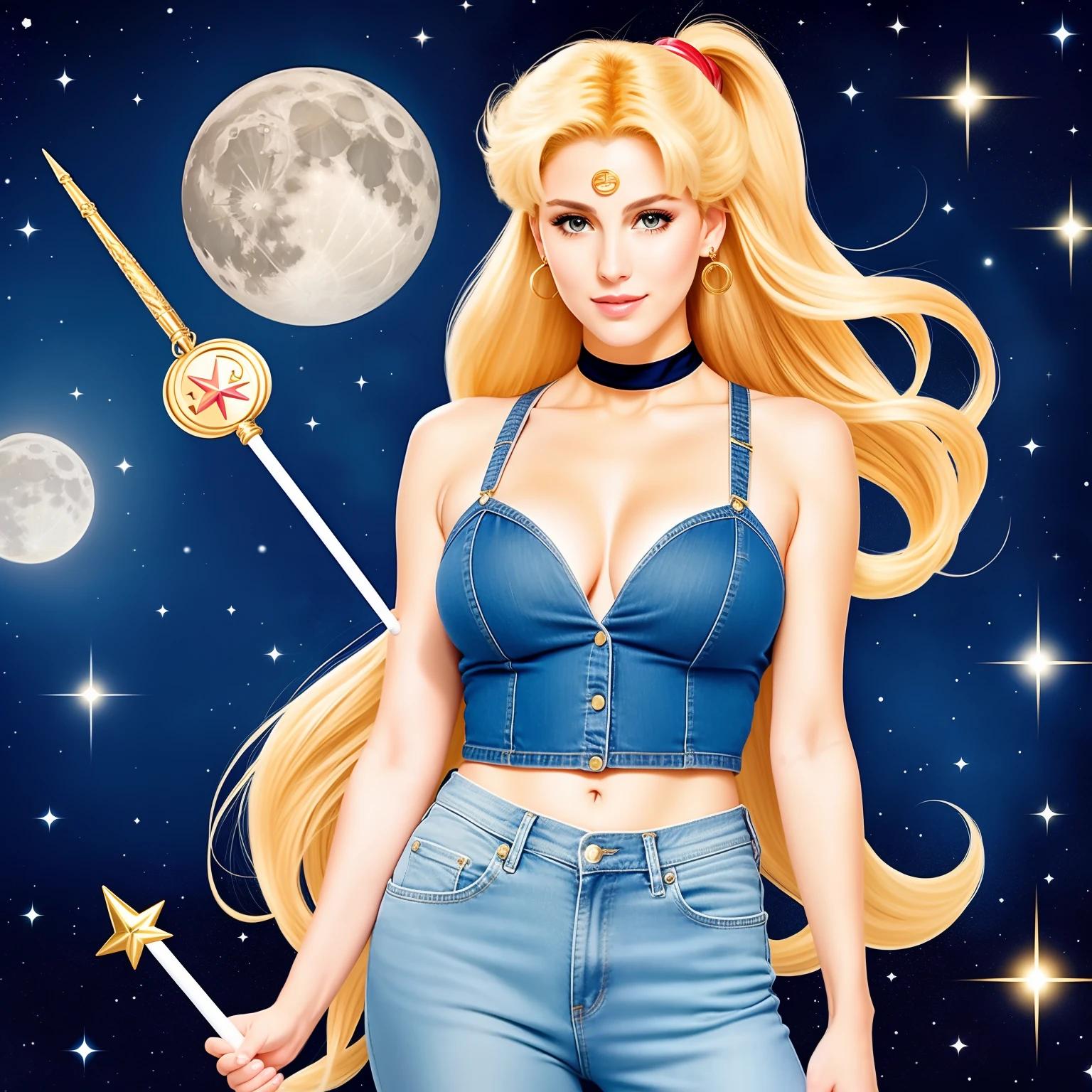 "(Mature and realistic depiction:1.2) Sailor Moon confidently wielding the Moon wand, her flowing blonde hair, dressed in trendy denim 2000s fashion."