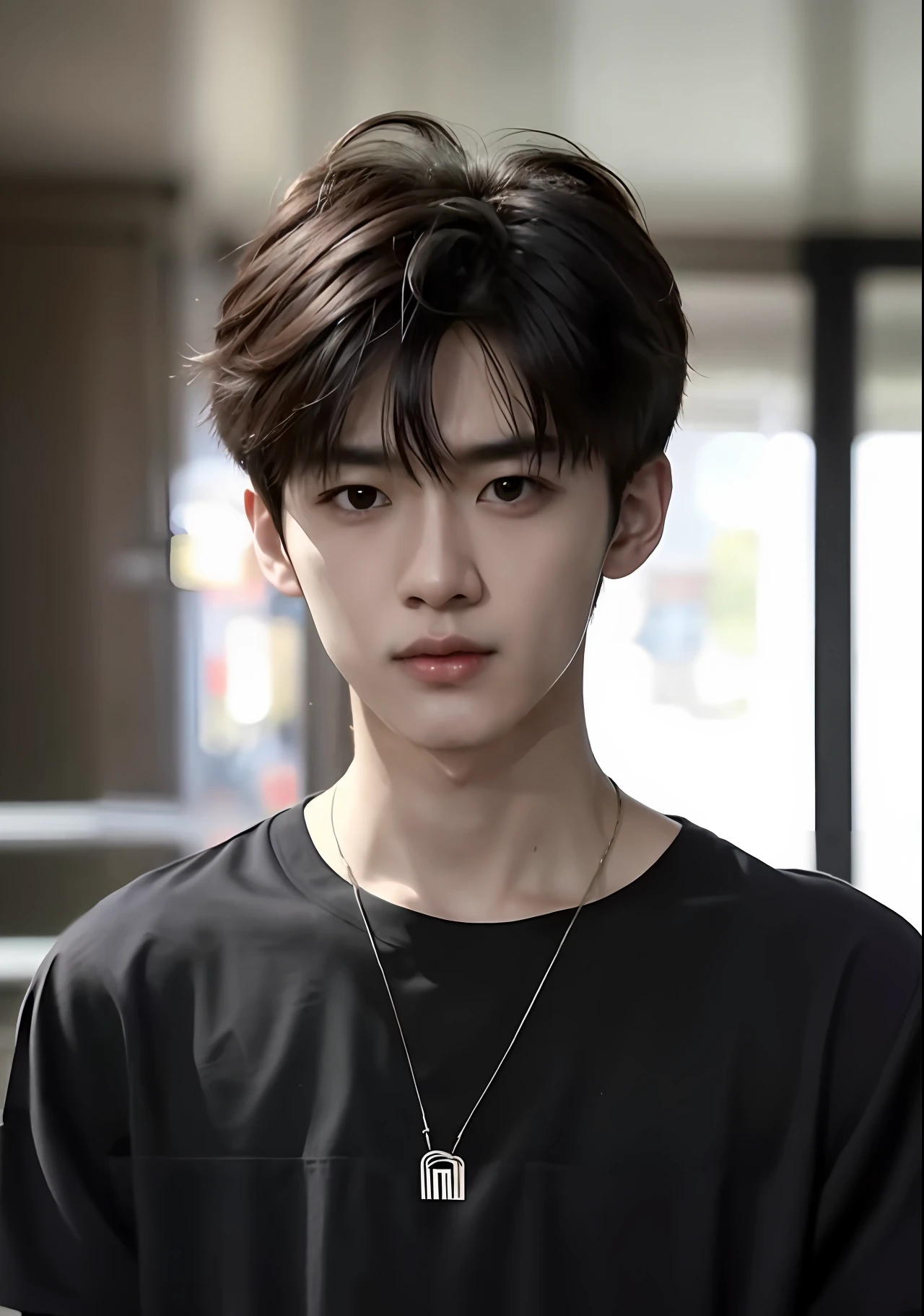Close-up of a man wearing a necklace and a black shirt, Shin Jinying, Cai Xukun, Inspired by Zhang Han, jung jaehyun, 1 7 - - old thin face, yanjun cheng, Kim Do-young, wan adorable korean face, jinyoung shin aesthetic, Male ulzzang, Good looking face, South Korean male, young wan angel