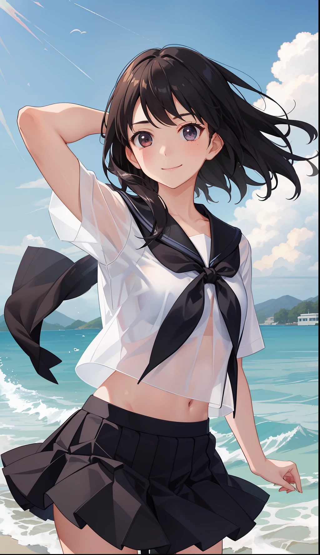 1girl in、A smile、The shirt、skirt by the、（small tits）Chilarism、Japan High School Student Uniform、serafuku、summer clothing、（Sheer Bra）、Upper body portrait、Dynamism!!Running with the wind、