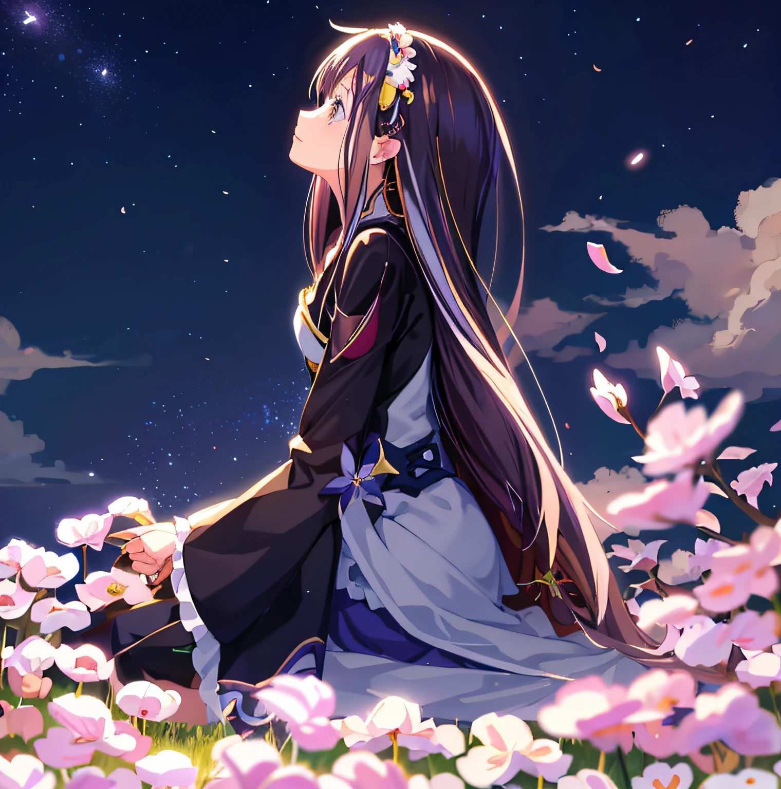 Anime girl sitting in a flower field,The background is a more starry sky, ethereal anime, Beautiful anime, nightcore, Anime girl with long hair, anime wallaper, anime beautiful peace scene, hd anime wallaper, sakura petals around her, Beautiful anime girl, Beautiful anime artwork, beautiful anime scenes, beautiful anime girl crouching, Beautiful anime art, beautiful fantasy anime