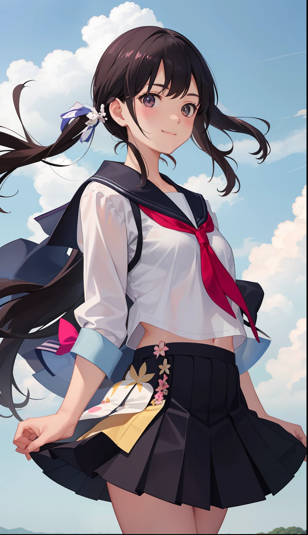1girl in、A smile、The shirt、skirt by the、(small tits)Chilarism、Japan High School Student Uniform、serafuku、summer clothing、(Sheer Bra)、Upper body portrait、Dynamism!!Running with the wind、