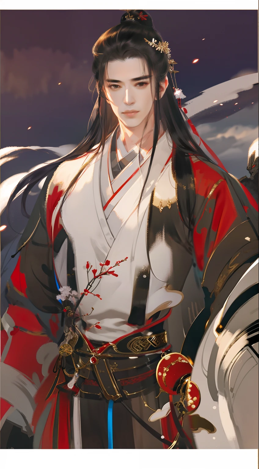 An ancient Chinese handsome boy and a beautiful girl, full body portrait, looking at each other, gentle eyes, clear facial features, wearing red Hanfu, kingly temperament, movie edge light, delicate light, masterpiece, super detailed, epic composition, super HD, high quality, highest quality, 32k