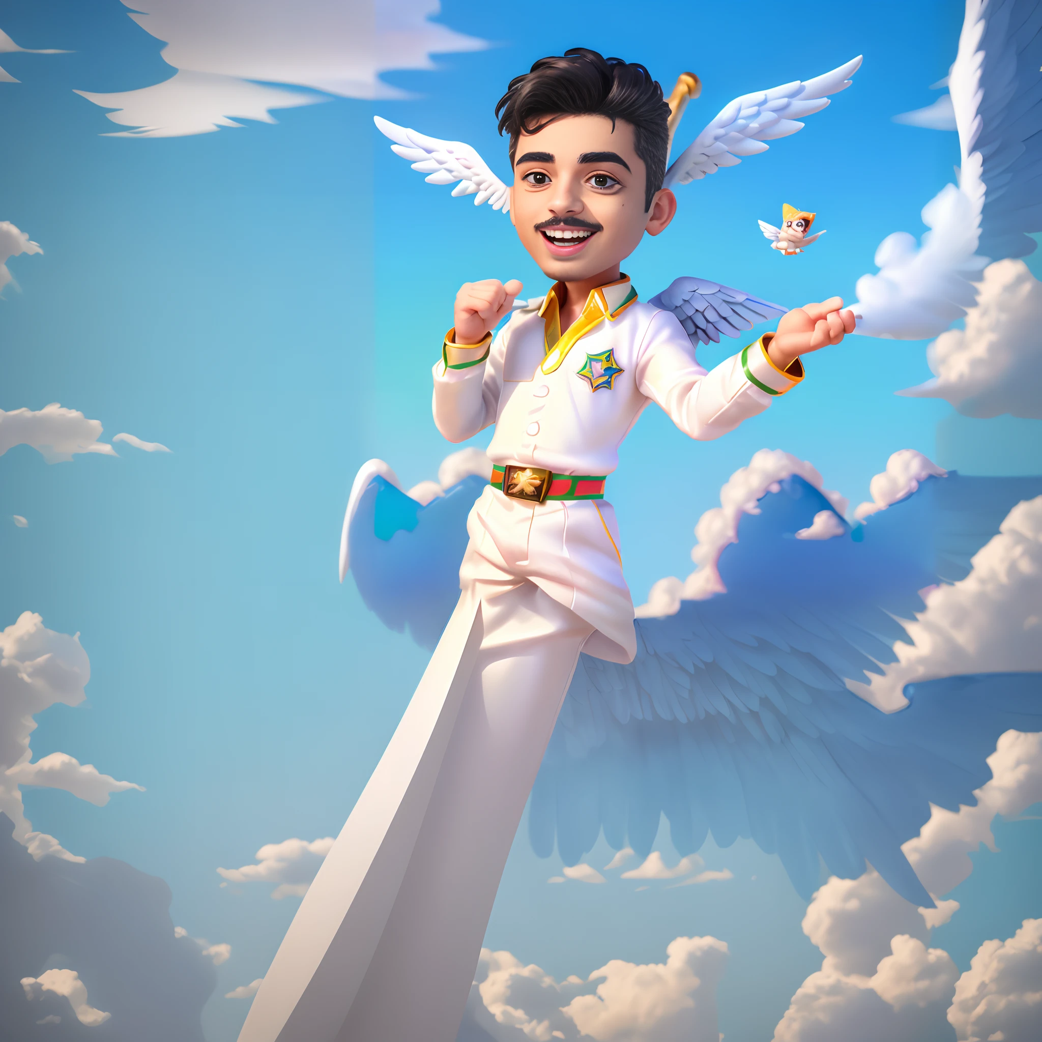 ((Gabriel Diniz cantor brasileiro)) como um anjo divino, with magnificent wings of an archangel protruding from his shoulders, He's sitting on a cloud in the sky on a beautiful sunny day, olhando para baixo como se estivesse cantando para o povo da terra, imponente canto do arcanjo sentado em uma nuvem, imagem angelical, imagem de um anjo divino, inspirado em Ron English, Arte de fundo, Arte Oficial, menino alado, arte digital estilizada, fantasy art smug smile man, Arte Oficial, 3d stylized rendering, um retrato de personagem, Arcanjo Poderoso, halo, (grandes asas brancas majestosas:1.3), nuvens fofas, vibrant blue sky, Olhos detalhados, olhando para baixo, sombreamento extremamente detalhado, 8k