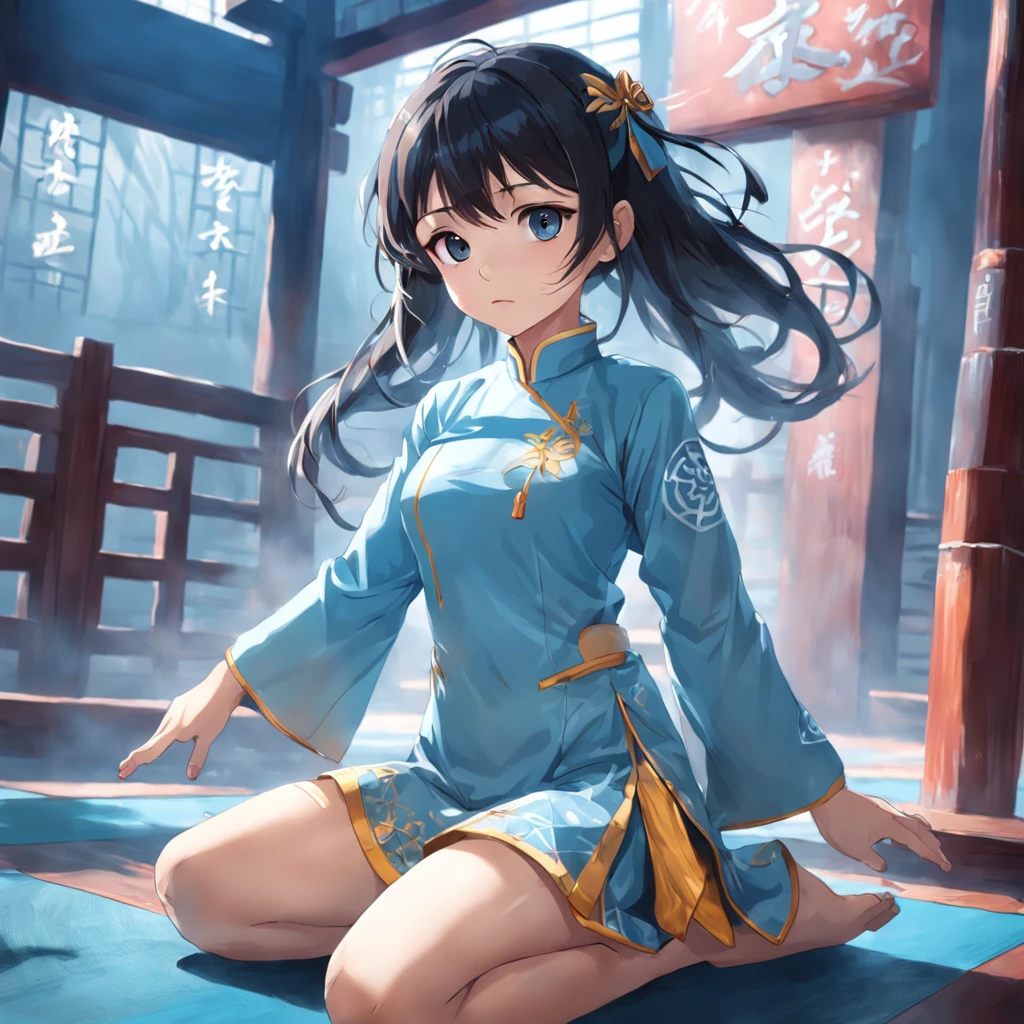 Generate a set of different actions for the same character（Four grids），A beautiful girl，Wearing a light blue cheongsam of the Republic of China（Student Clothing），she is sitting，She's standing，She jumped up，She raised her hands。