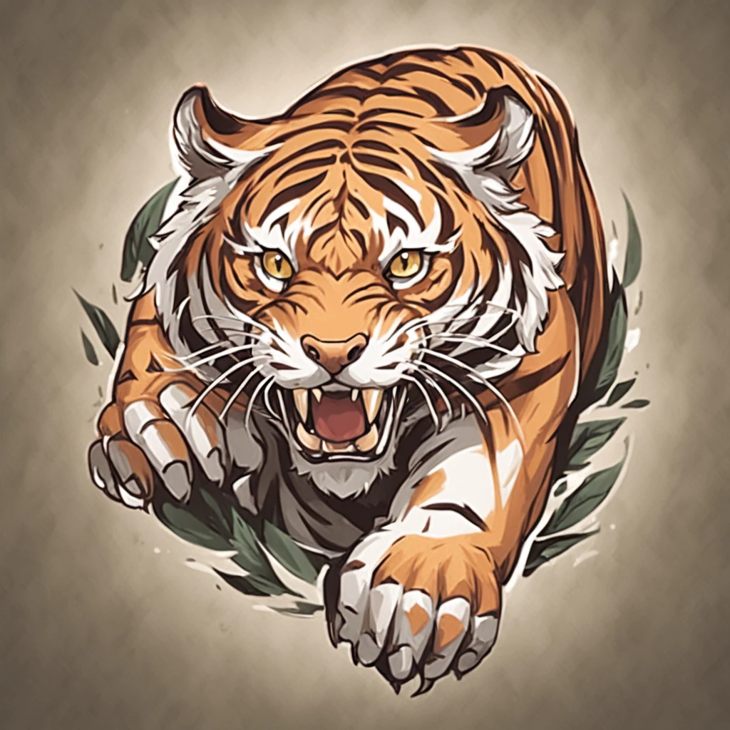 ::style vetor, logotipo vetorizado de um tigre, logo em formato arredondado e contornos brancos, fundo branco, chamas em volta ::n_style fundo da imagem, deformations in the logo, cartoon, anime