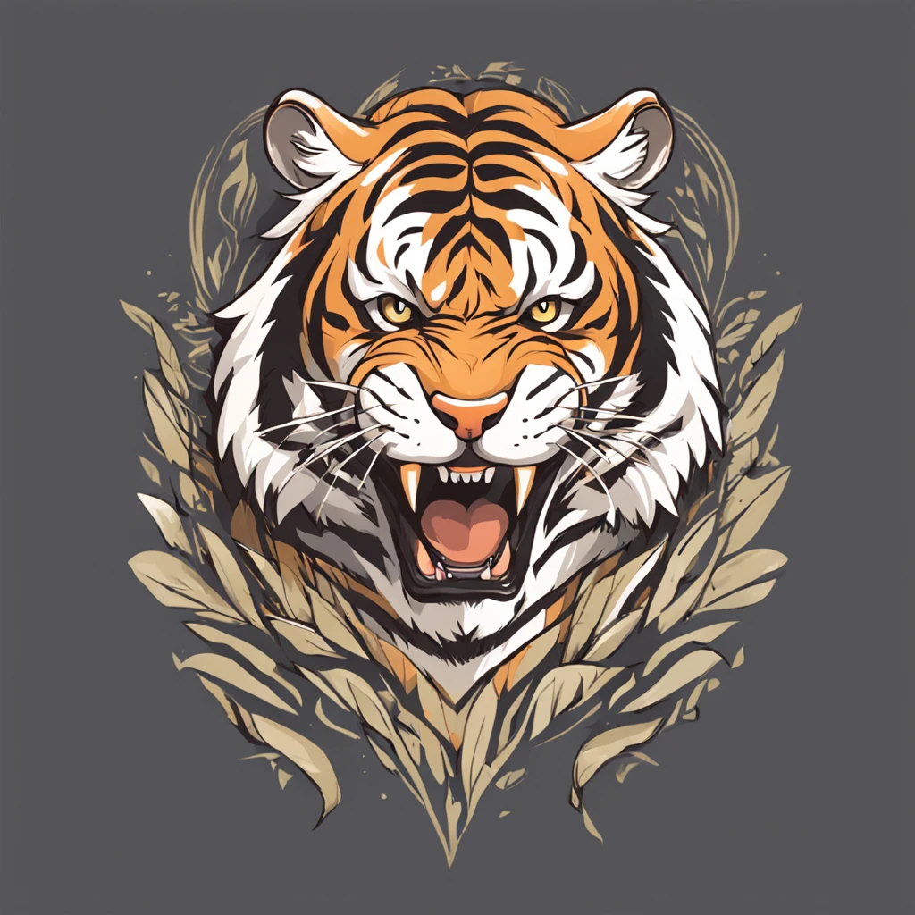 ::style vetor, logotipo vetorizado de um tigre, logo em formato arredondado e contornos brancos, fundo branco, chamas em volta ::n_style fundo da imagem, deformations in the logo, cartoon, anime