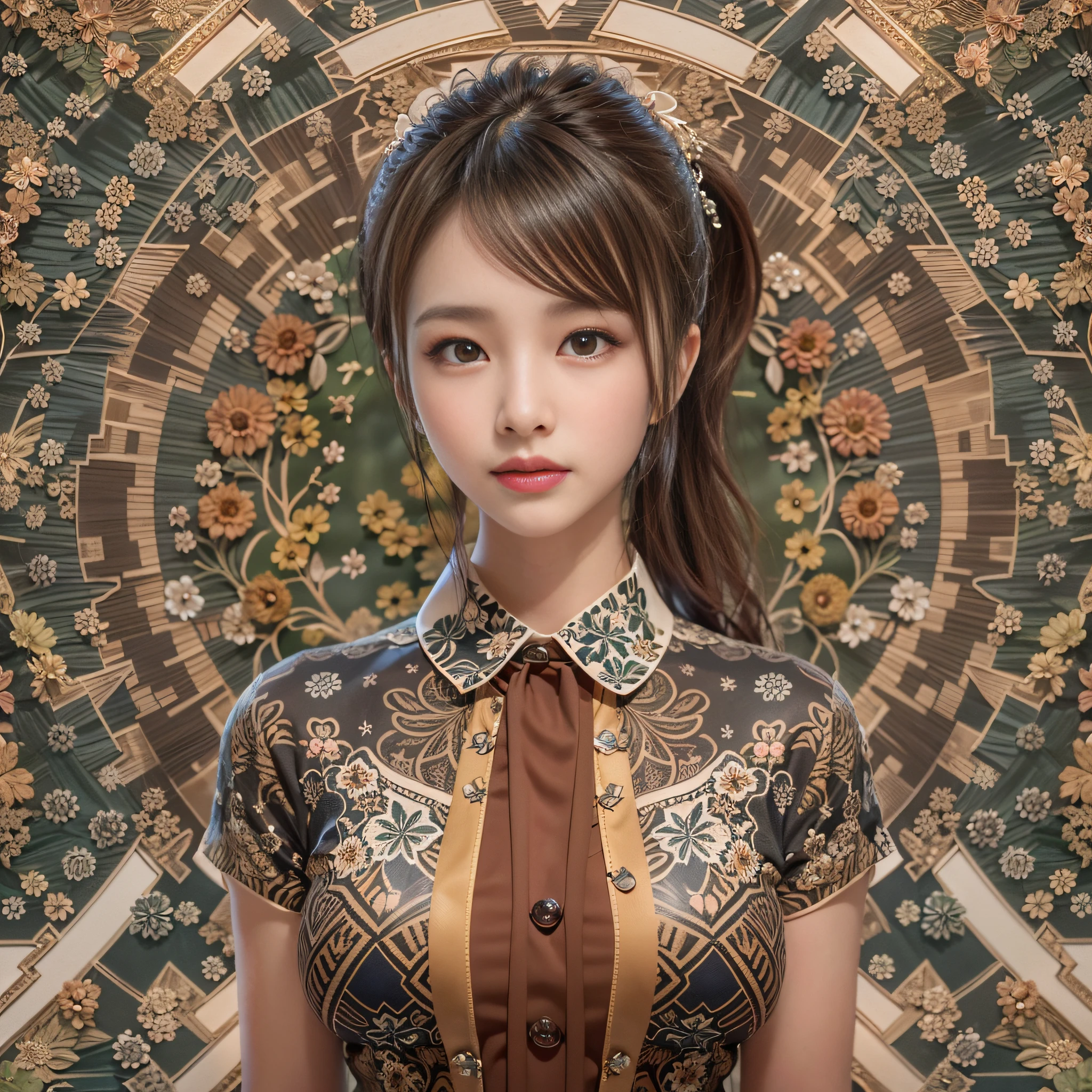 (Background, symmetrical, Compositions with coloful geometric arabesque patterns):1.3, (fullbody:1.3),  (poneyTail, dark brown hair), (top-quality, Photorealsitic:1.4, masterpiece:1.3, RAW Photography:1.2, cinematric light, very detailed illustration), (1woman:1.3, solo), (asian girl, ultra delicate face, ultra Beautiful fece, ultra delicate eyes, ultra detailed nouse, ultra detailed mouth, ultra detailed facial features), petite woman, (V-neckＴThe shirt:1.3, a miniskirt),  (medium breast:1.3), from the front side, skiny, lipgloss, Show cleavage
