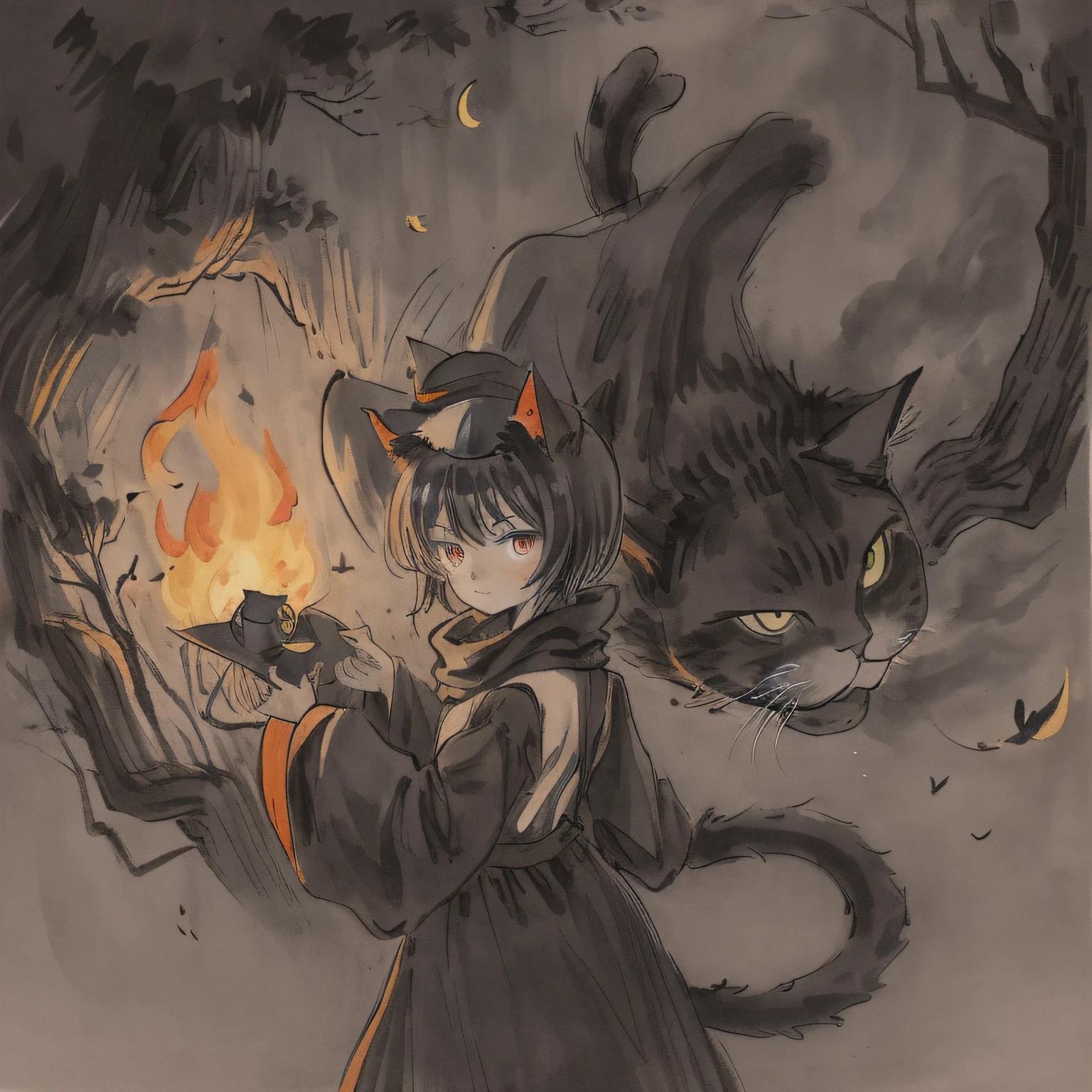 (masterpiece), best quality, 8k wallpaper, illustration, 1 girl, (cat girl), child, [deep skin|dark skin], dark orange eyes, glowing eyes, slit pupils, (blue hair), short hair, bangs, (whiskers), [maroon cat sunhat|cat ears], (hat bow:1.35), long purple scarf, flat chest, (closed firebrick robe), wide sleeves, sleeves past wrists, (sleeves past fingers), (leggings:0.85), (cat tail:0.6), looking to the side, [(lateral view)|(back view:1.35)], cowboy shot, dynamic angle, no light, (dark wheat field), in field, (fireflies:0.65), wide view, (night:1.2), (black sky), cloud, cirrus, [(dark shadow:1.2)|greyscale], (single high tower at far distance)

This 100%tag utilization and 100%The detachable rate will be a glimpse of the universal sequential formula。
Cat Hat and SunHat are two different tags，But because they have the same "premise of recommendations"(tag has a tree-like "suggestion front" distribution)，So it can be used in combination，Cat Ears and Cat Hat too。Similarly, robe serves as a precursor to the suggestion of sleeves past wrists，Then as a precursor to the suggestion of sleeves past fingers，Emphasizing the leaves of the preceding tree reinforces the presence of the entire tree。
Leggings and Cat Tail use weak weights，Crowding out of the attached "thing" and still the last position is allowed。Legging is used to provide black socks instead of bare legs when the AI wants to slap its legs，And 0.85 is the threshold at which it does not significantly affect the composition。Cat tail is counterproductive，Weakening the leaves of the pre-existing tree weakens the presence of the entire tree，Let the cat tail attribute that comes with the cat girl not contaminate the scarf - the same reason is also the fireflies below。
No Light is used to create abnormal lighting，Specifically, it is manifested as a bizarre passive glare，The interval between the mates is about 3~The 6-word black sky works better。
The top priority is naturally the fusion of Dark Shadow and Greyscale，Used to erase details along with the illustration at the beginning。Place the illustration in the style indication paragraph+Place the half-drawn greyscale in the filter segment，The effect is higher than what flat color or sketch or partly colored is out of nowhere。