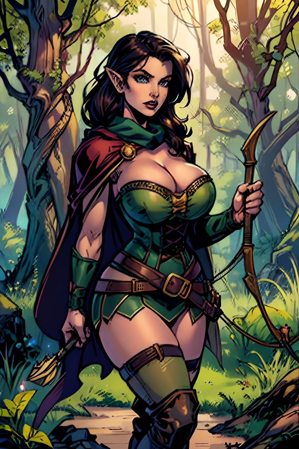 (masterpiece, top quality, best quality, official art, beautiful and aesthetic:1.2), (1girl:1.3), dark brown hair in a single braid, extremely detailed, portrait, looking at viewer, solo, (full body:0.6), detailed background, close up, cat eyes, (warm summer forest theme:1.1), busty (elf) ranger, elegant face, long face, charlatan, smirk, mysterious, walking in forest, revealing ranger attire, brown leather, cowl, cloak, corset, long boots, buckles, straps, pouches, bow and arrow, green fabric, brown leather, ((gigantic breasts, skindentation, cleavage)), slim waist, slim hips, long legs, medieval (forest exterior:1.1) background, dark mysterious lighting, shadows, magical atmosphere, dutch angle, (Comics)
